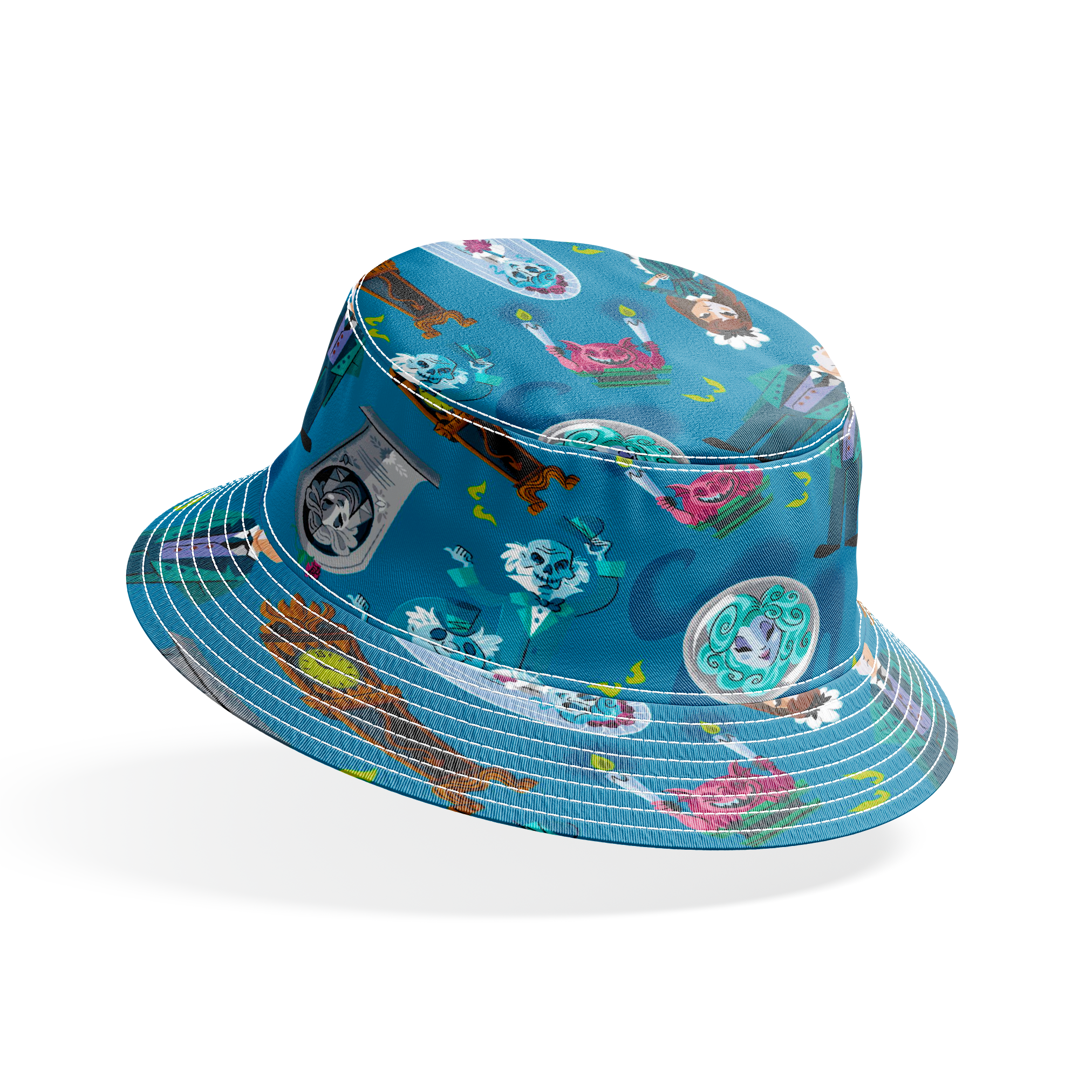 Haunted Mansion themed pattern with cartoon ghosts, portraits, coffins, and spooky elements on teal background bucket hat mockup