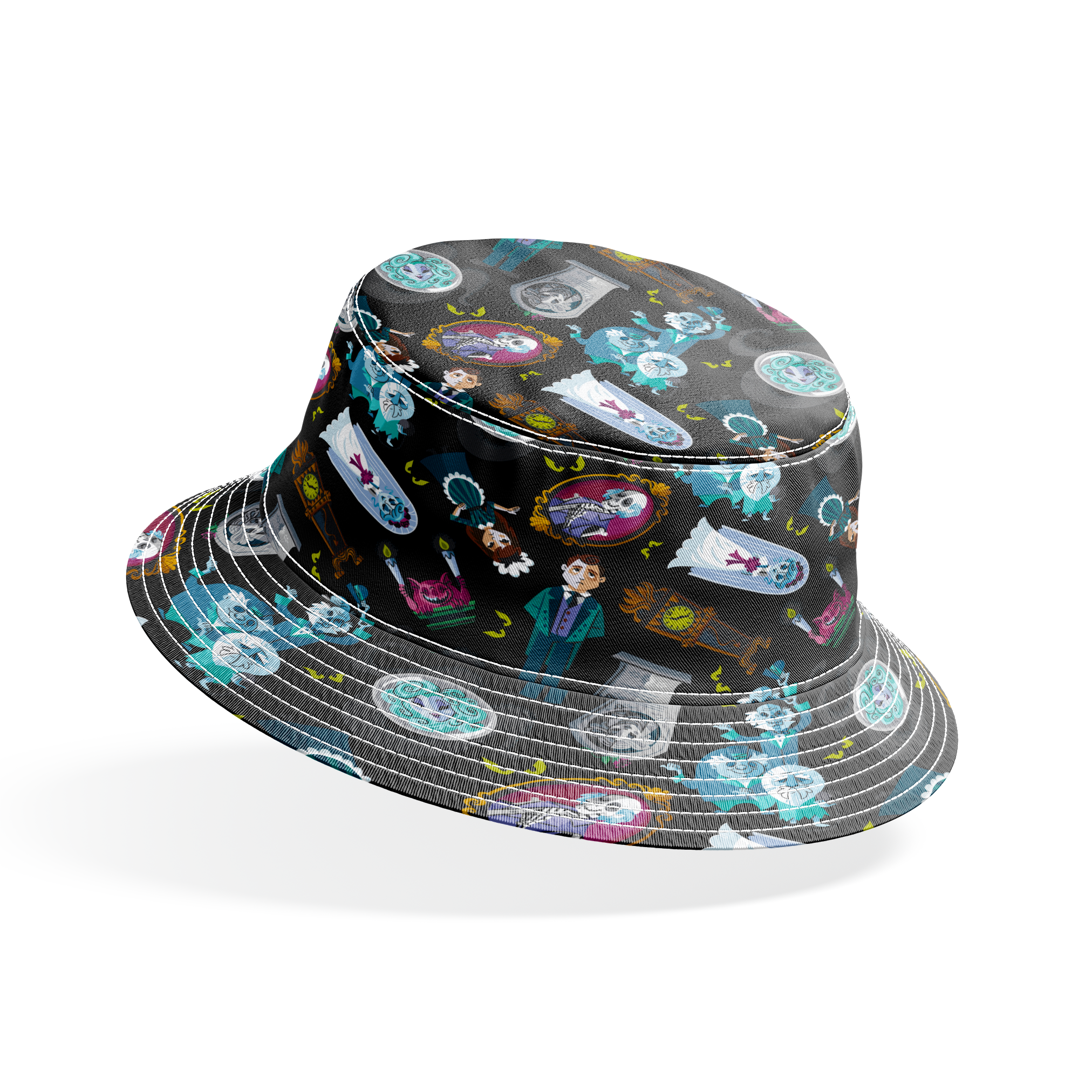 Haunted Mansion themed pattern with cartoon ghosts, characters, coffins, and spooky elements on black background bucket hat mockup
