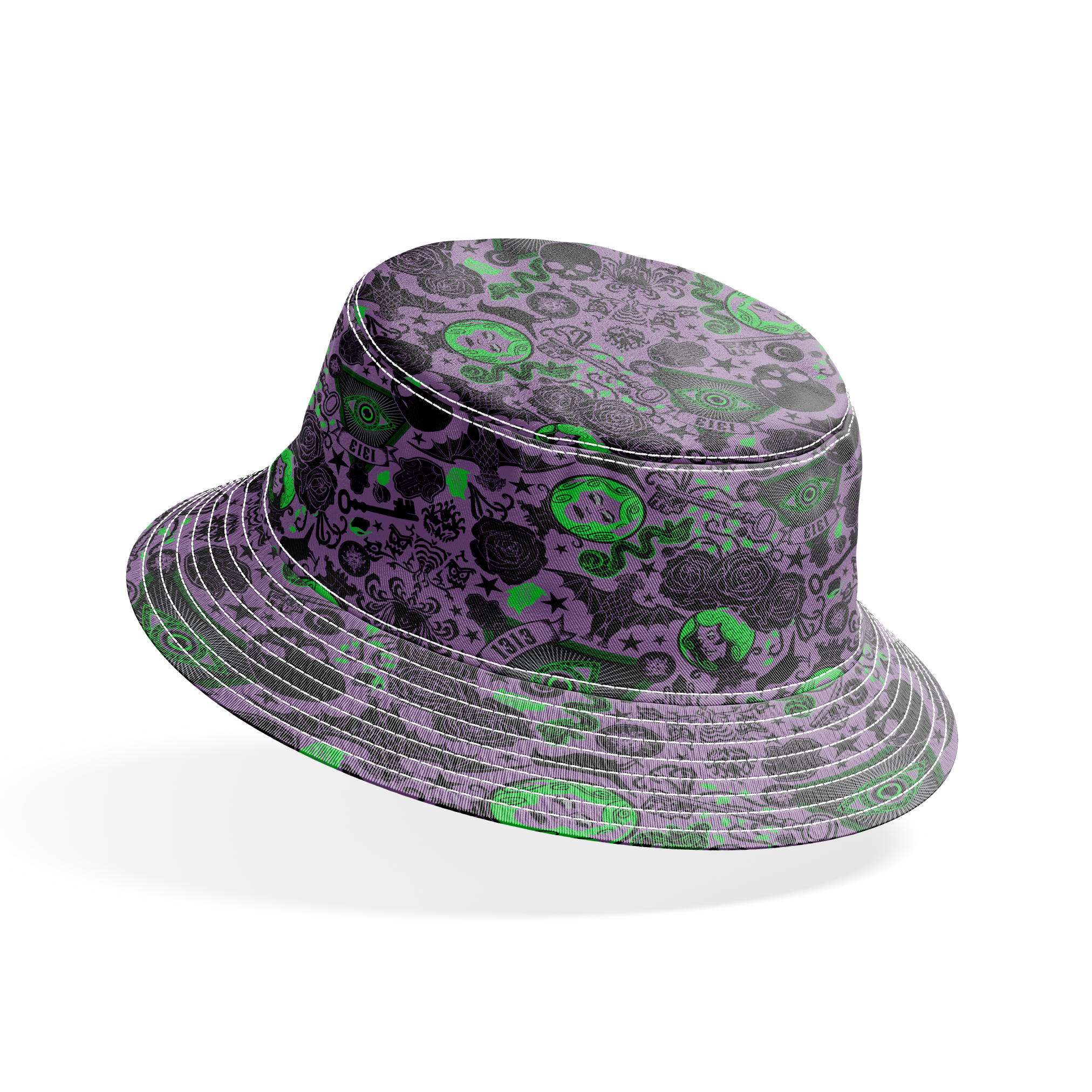 A dark purple background with gothic imagery in black and neon green featuring mystical elements including roses, celestial symbols, eyes, hands, and ornate decorative patterns. bucket hat mockup