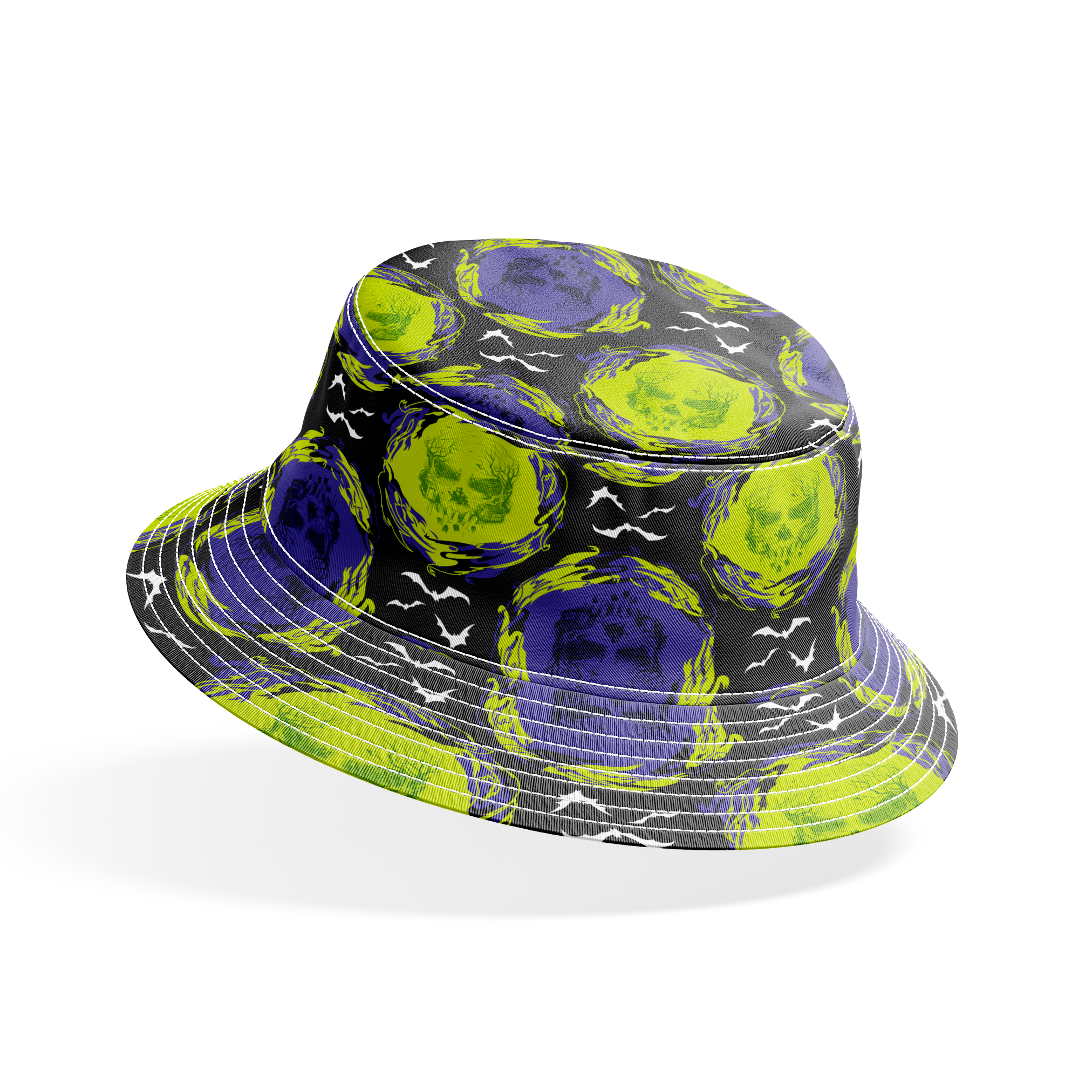 Repeating pattern of neon green and purple skulls with swirling effects on black background with white bats bucket hat mockup