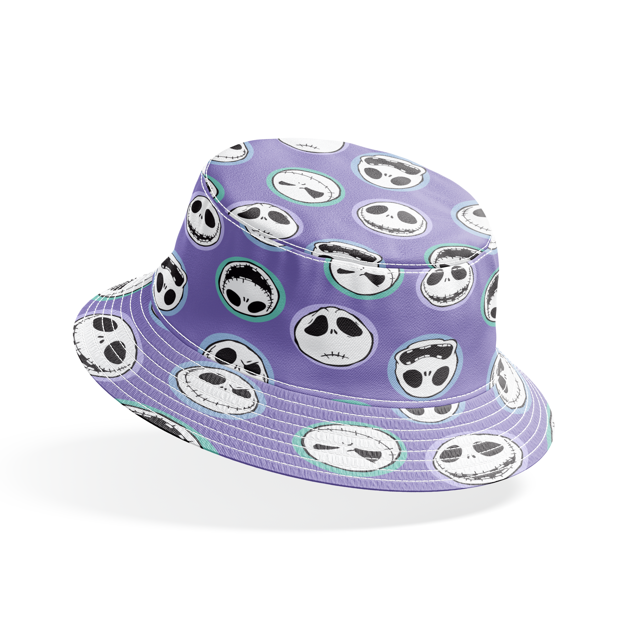 Repeating skull faces with stitched mouths and large eyes on purple background in cartoon style bucket hat mockup