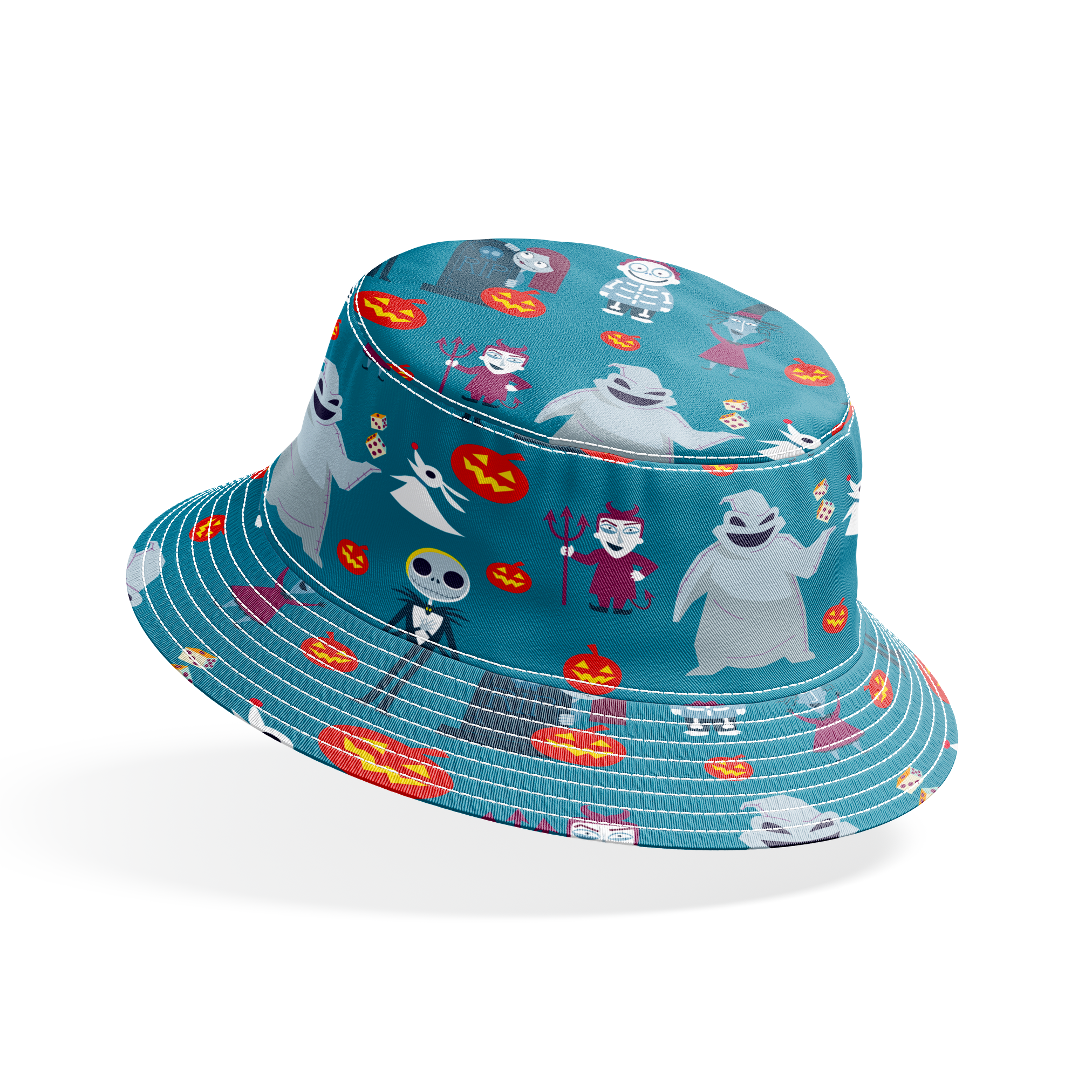 Halloween characters pattern with ghost, skeleton, witch, and pumpkins on teal background in cartoon style bucket hat mockup