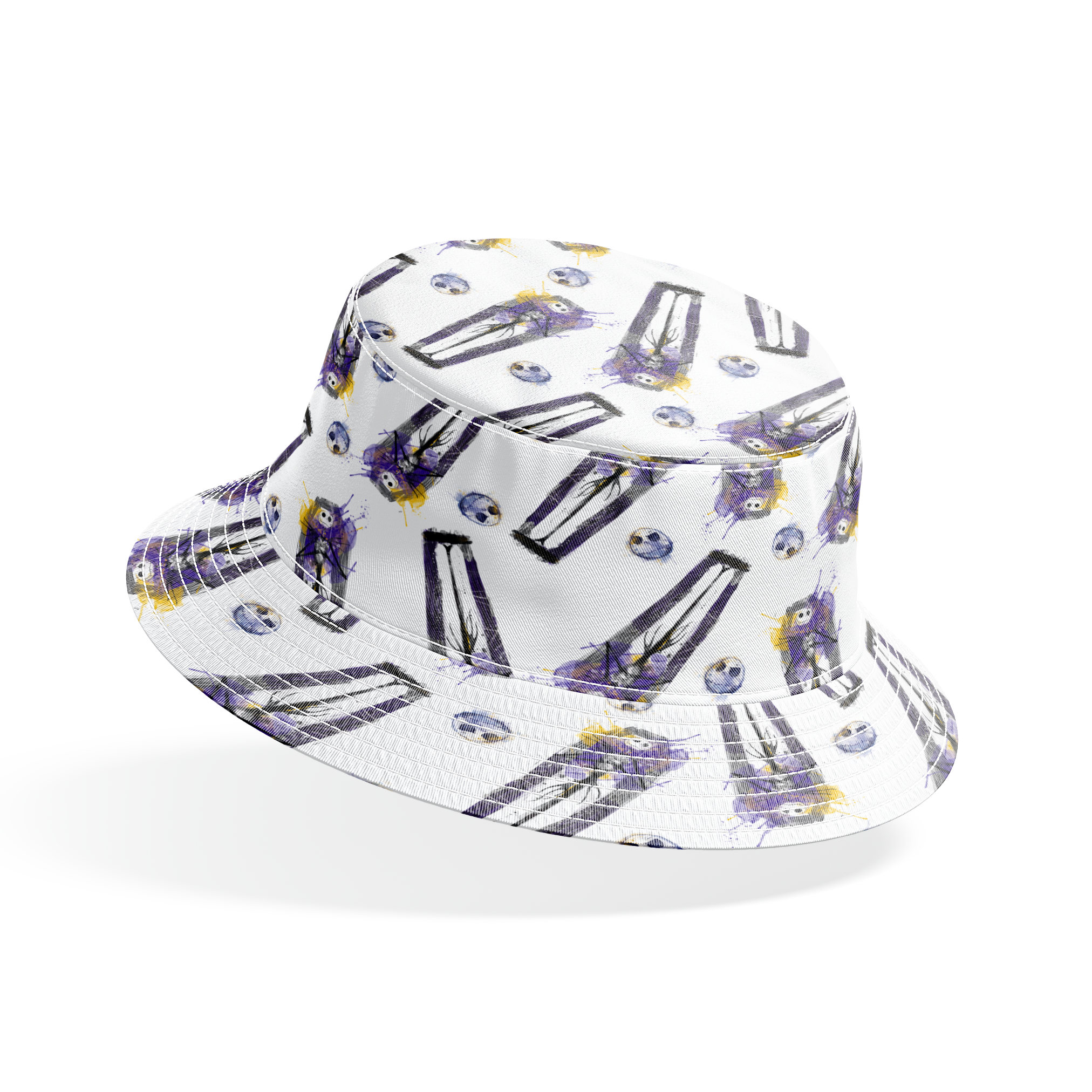 Repeating pattern of stylized gothic figures in black and purple with skull-like faces on white background bucket hat mockup