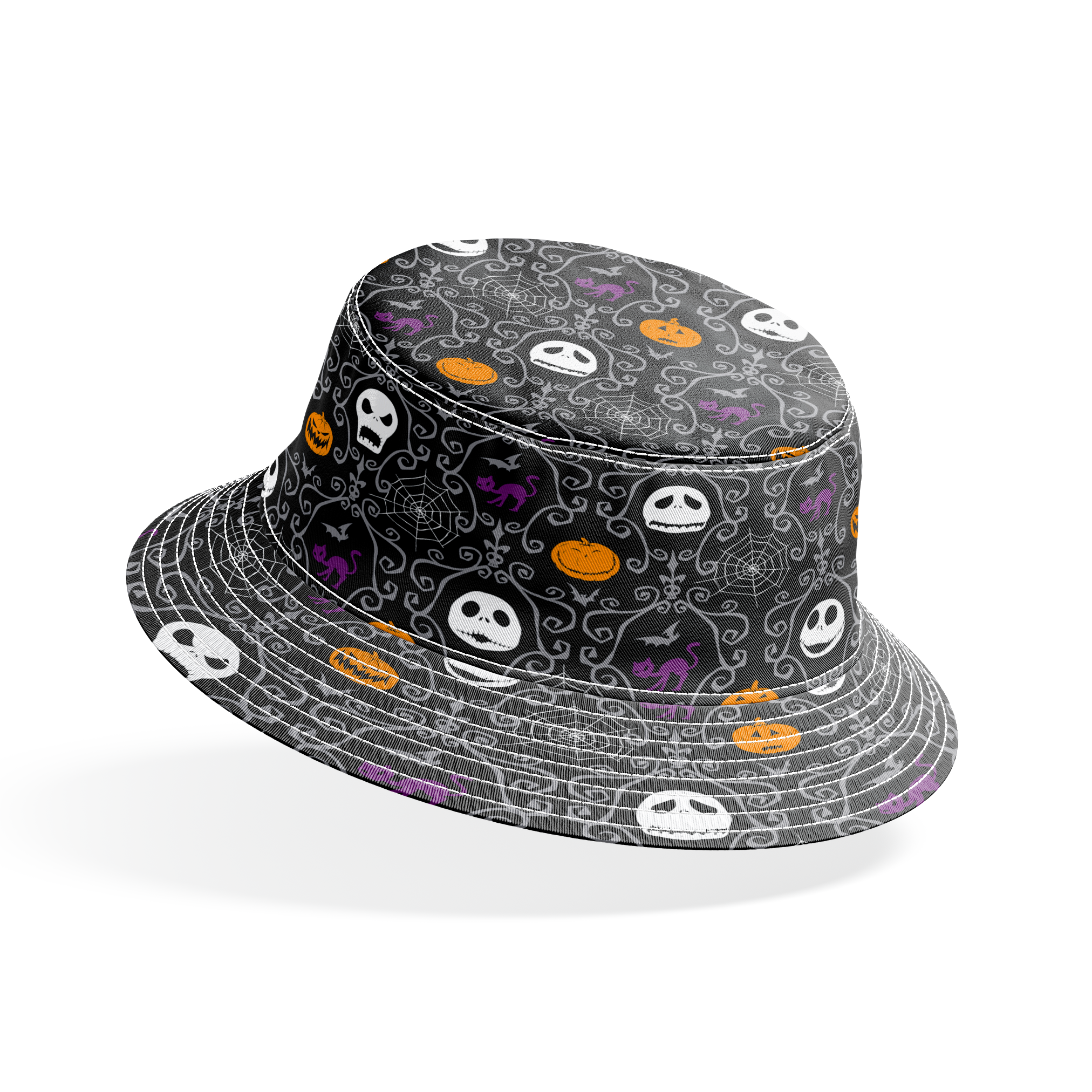Nightmare Before Christmas pattern with skulls, pumpkins, bats and ornate swirls on black background bucket hat mockup