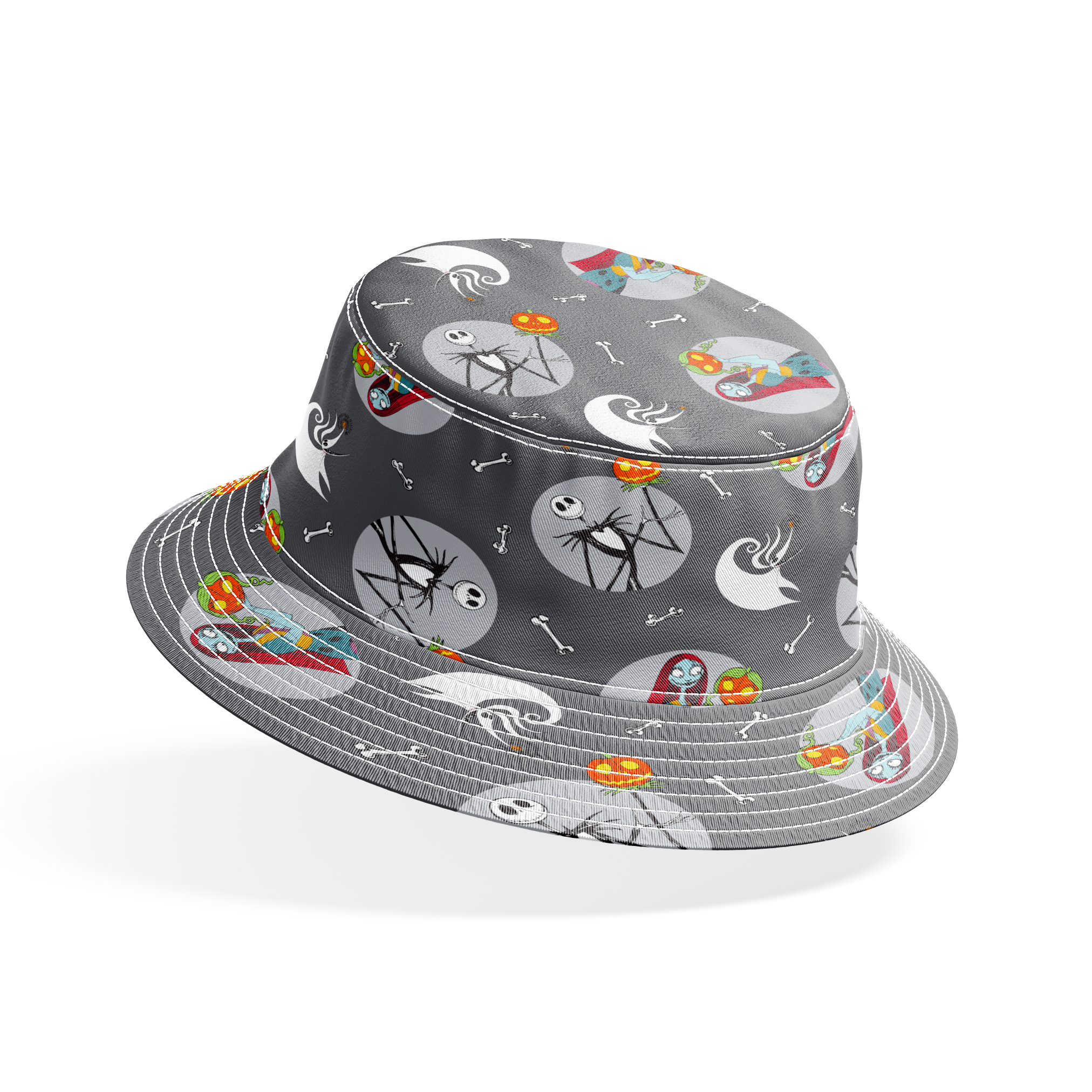 Nightmare Before Christmas themed pattern with Sally and Jack Skellington, pumpkins, bones, and ghostly designs on gray background bucket hat mockup