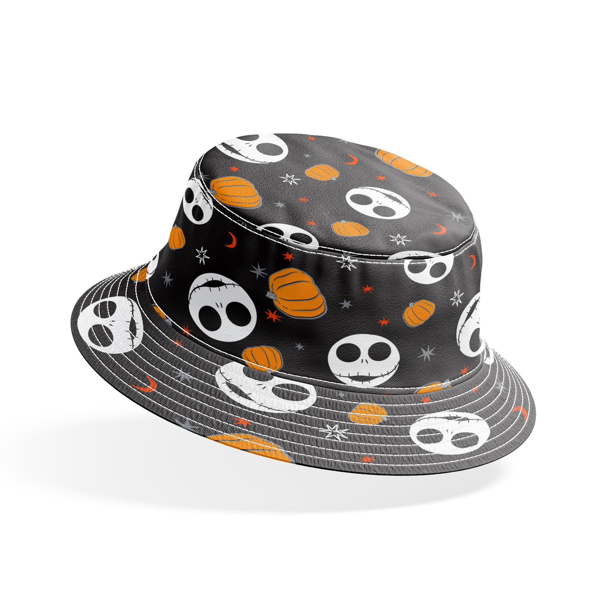 Halloween pattern with Nightmare Before Christmas characters, orange pumpkins, stars and crescent moons on black background bucket hat mockup