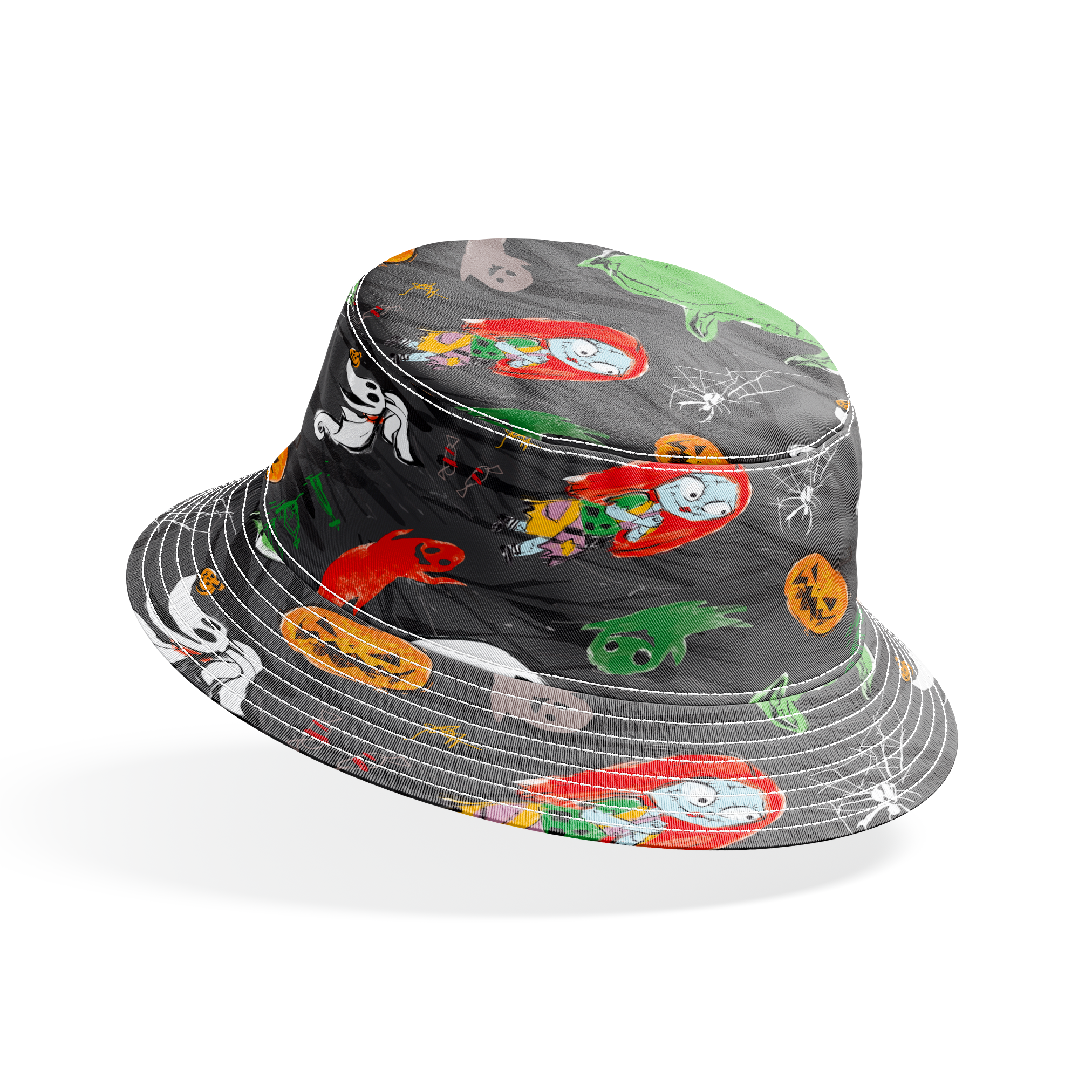 Nightmare Before Christmas pattern with Jack's face, green ghosts, orange pumpkins, spiders, and white ghosts on dark gray background bucket hat mockup