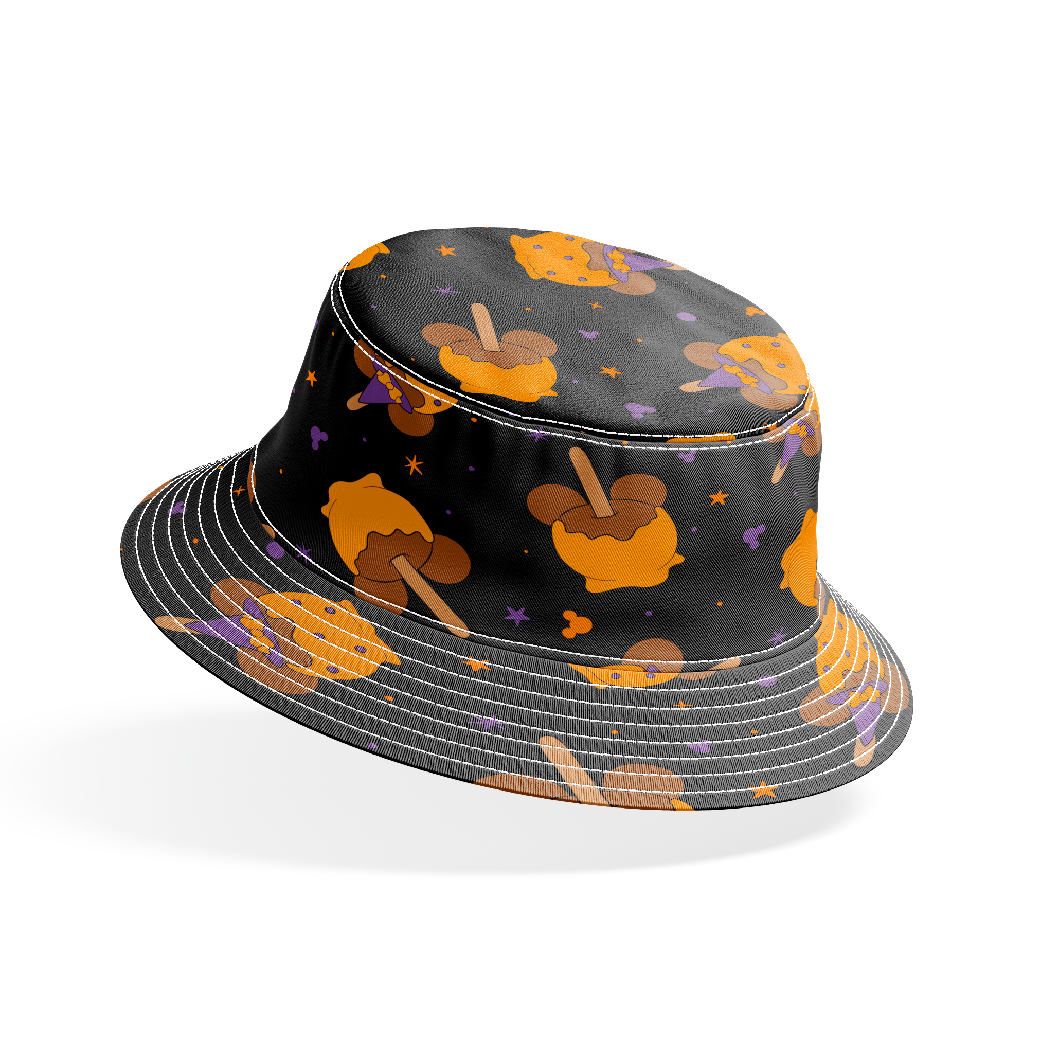 Disney-inspired caramel apples and candy apples floating in a space-like black background with purple stars. bucket hat mockup