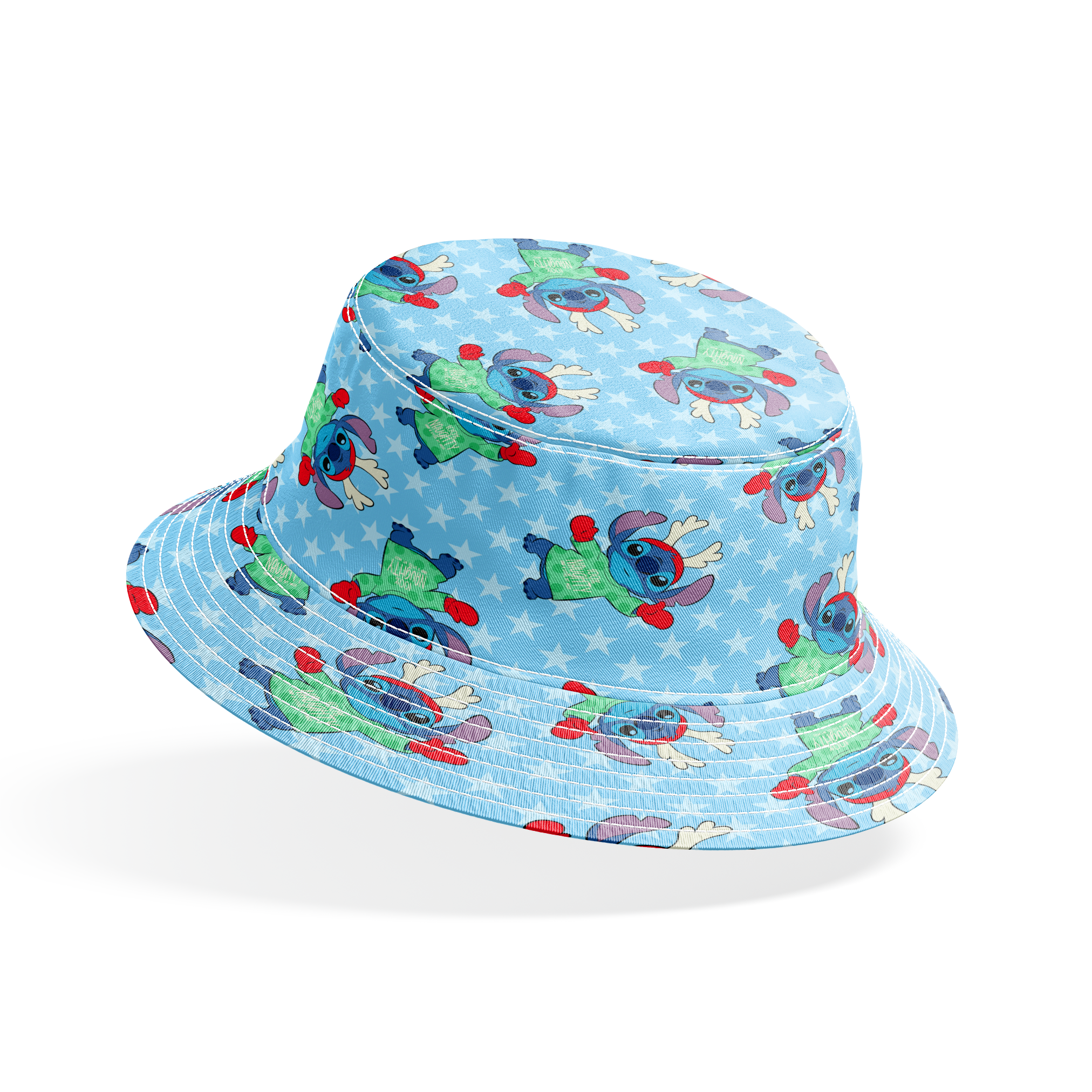 A repeating pattern of Disney's Stitch in holiday outfits with Christmas trees on light blue snowflake background. bucket hat mockup