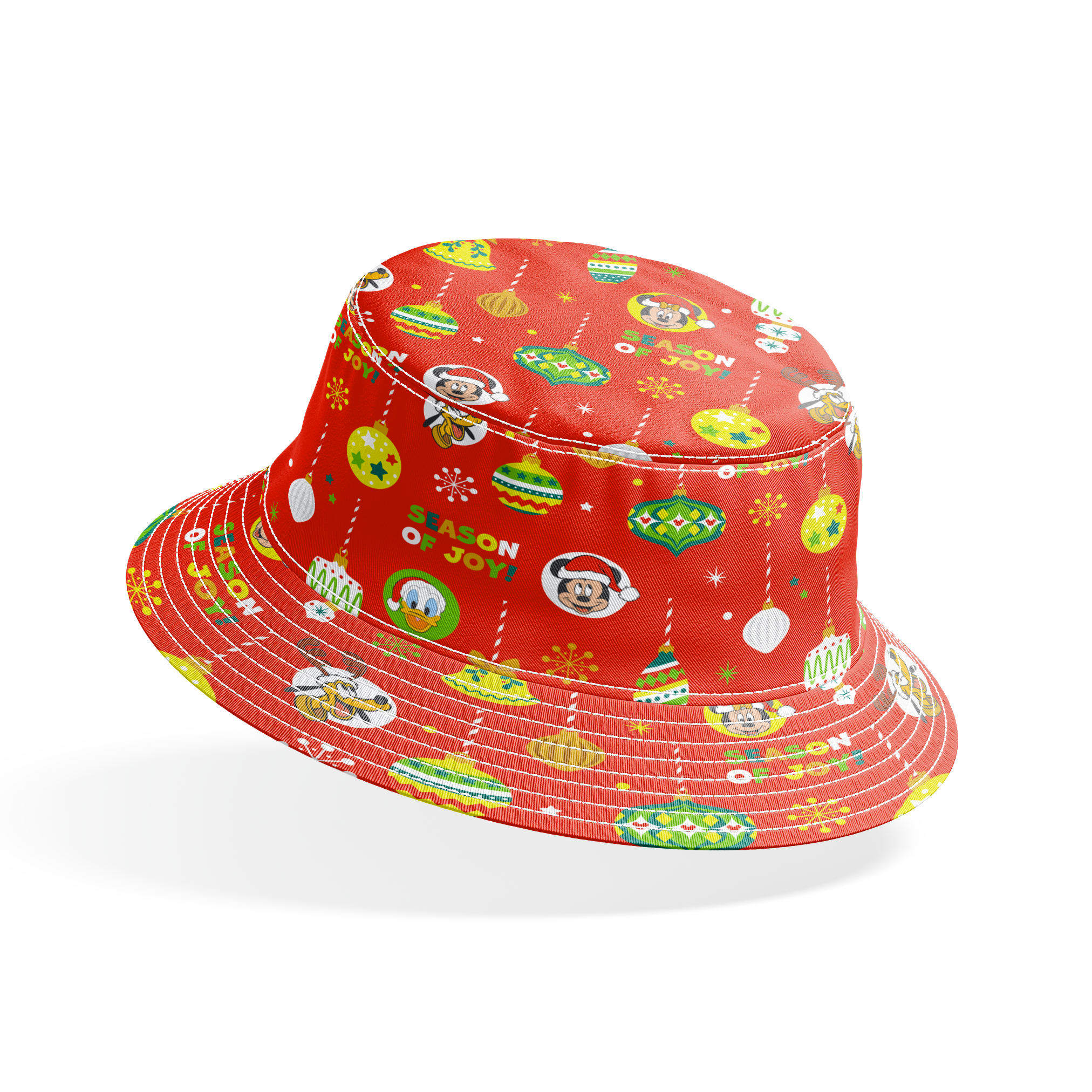 Christmas ornament pattern with colorful baubles, bells, snowflakes and Mickey Mouse characters on bright red background bucket hat mockup