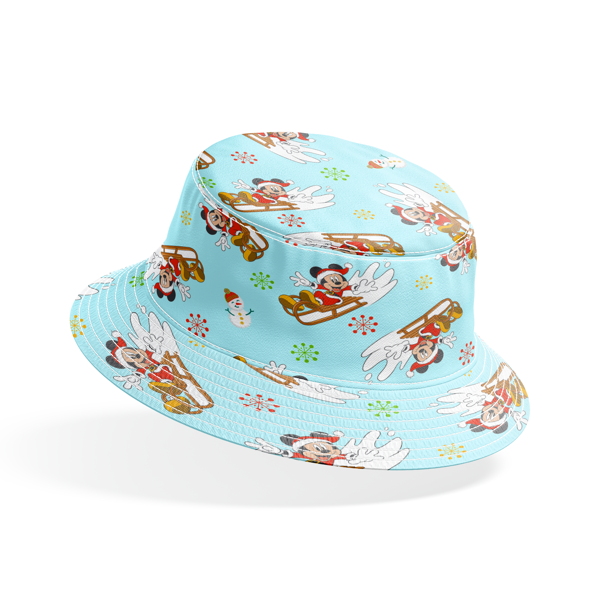 Christmas pattern with Mickey Mouse on sleds, snowmen, and colorful snowflakes on light blue background bucket hat mockup