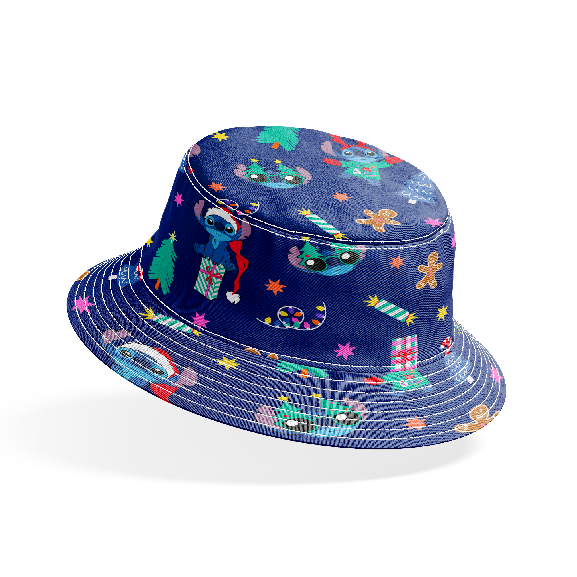 Festive Christmas pattern with Stitch, trees, candy canes, presents, and gingerbread men on navy background bucket hat mockup