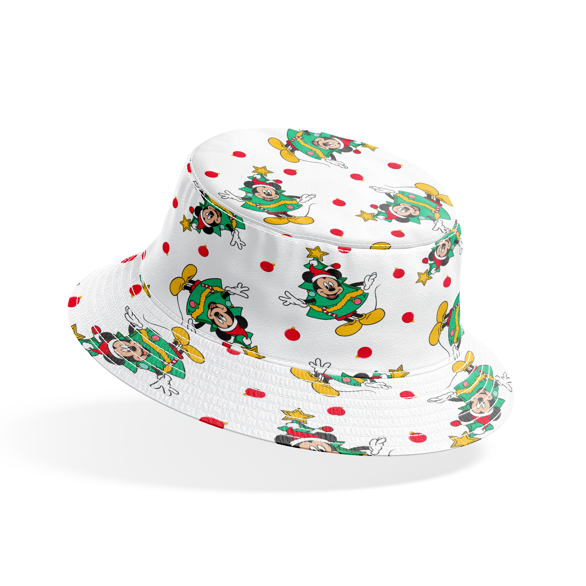 Mickey Mouse in a Christmas tree costume and stars on white background with red dots bucket hat mockup