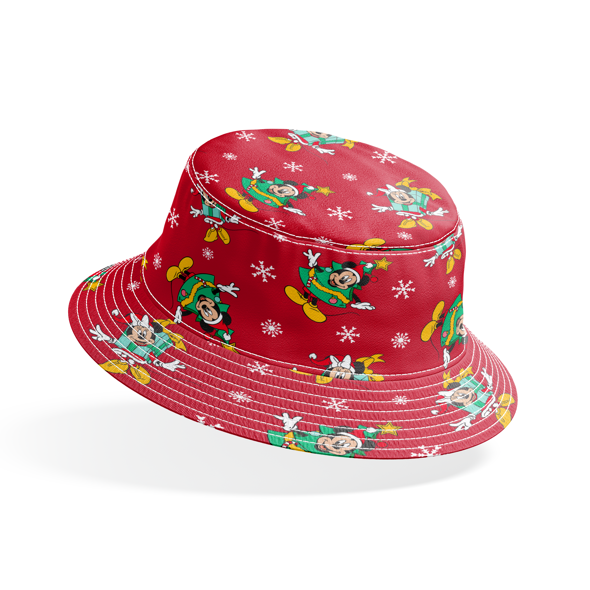 Disney characters in holiday outfits on red background with white snowflakes bucket hat mockup