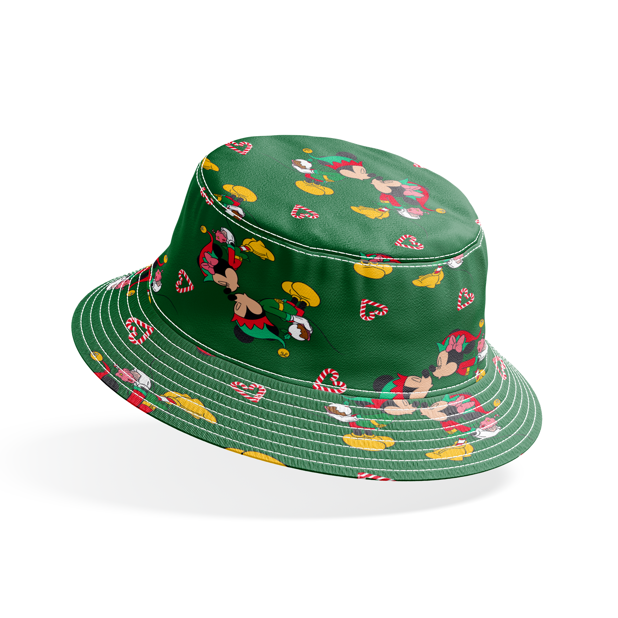 Festive Mickey Mouse pattern with candy canes on green background bucket hat mockup