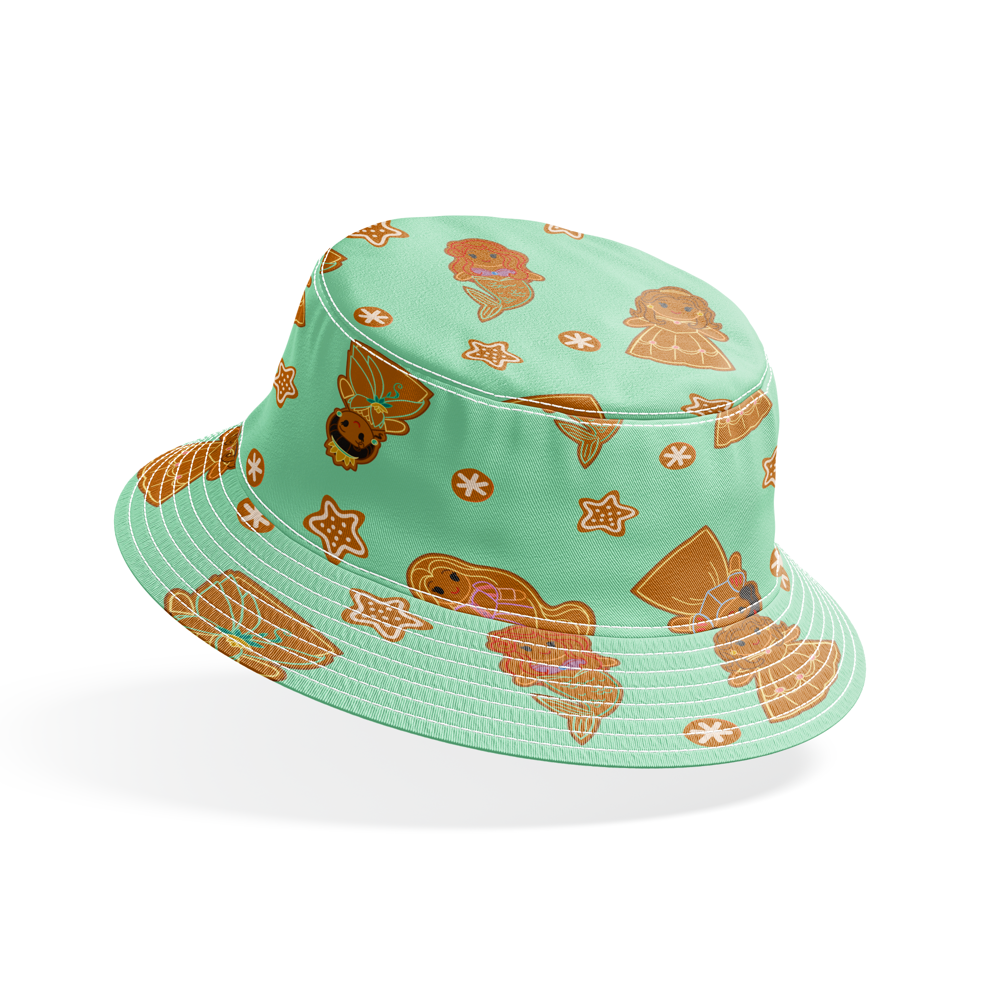 Disney Princess gingerbread cookies with star and snowflake designs on mint green background bucket hat mockup
