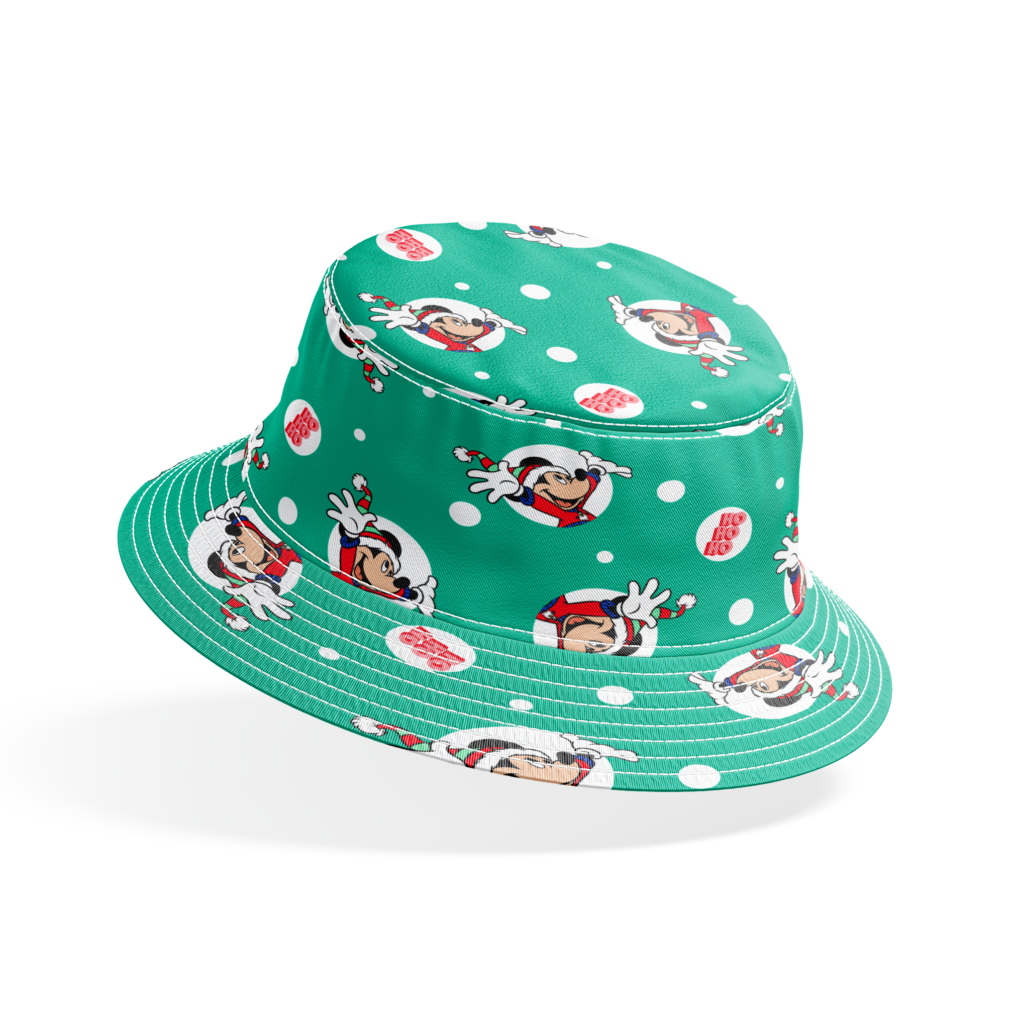 Mickey Mouse in Santa hats on green polka dot background with "Ho Ho Ho" text bucket hat mockup