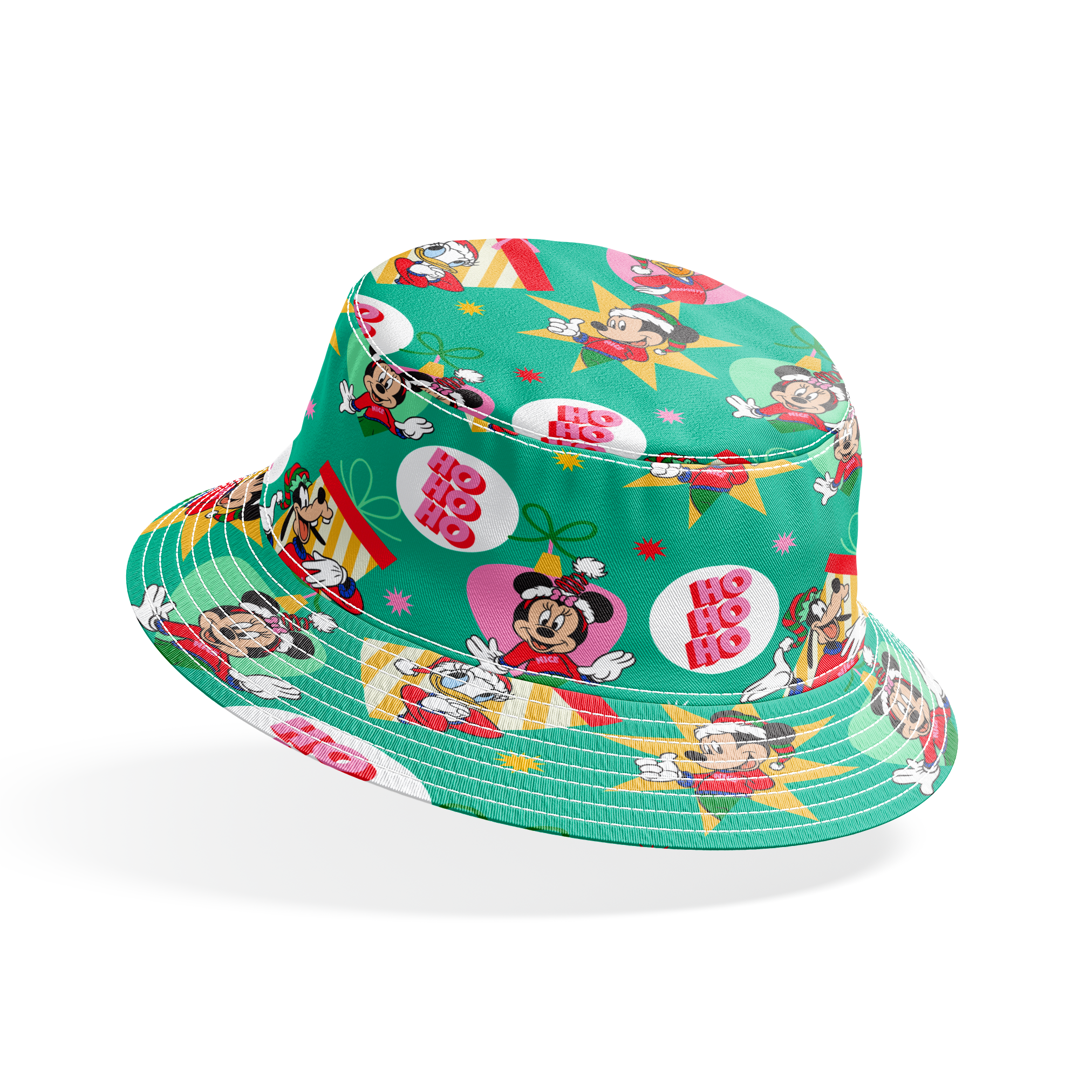 Festive Disney characters on green holiday pattern with "Ho Ho Ho" text and Christmas ornaments bucket hat mockup