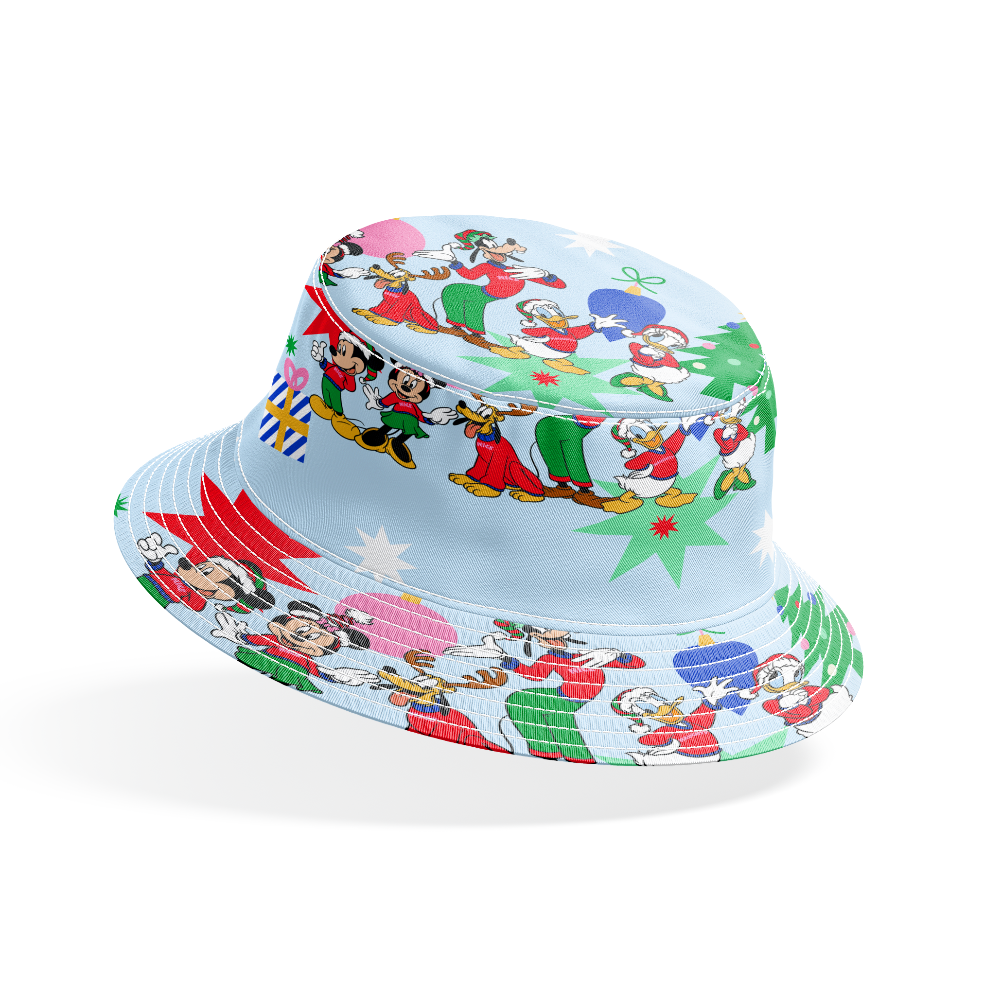 Cartoon Disney characters in festive poses with Christmas trees, ornaments, and stars on light blue snowy background bucket hat mockup