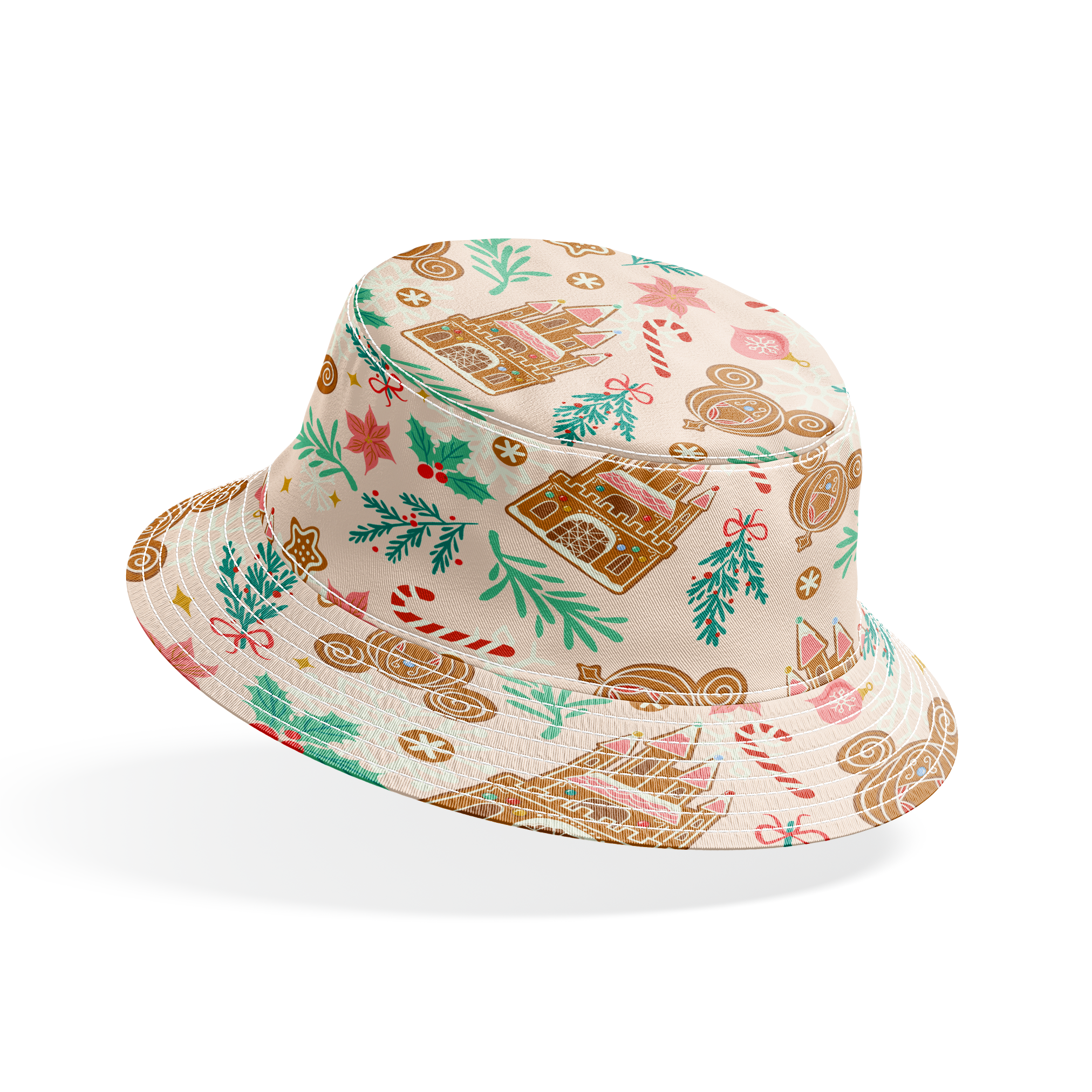 Disney Christmas pattern with gingerbread castles, carriages, candy canes, stars, and pine sprigs in holiday colors bucket hat mockup