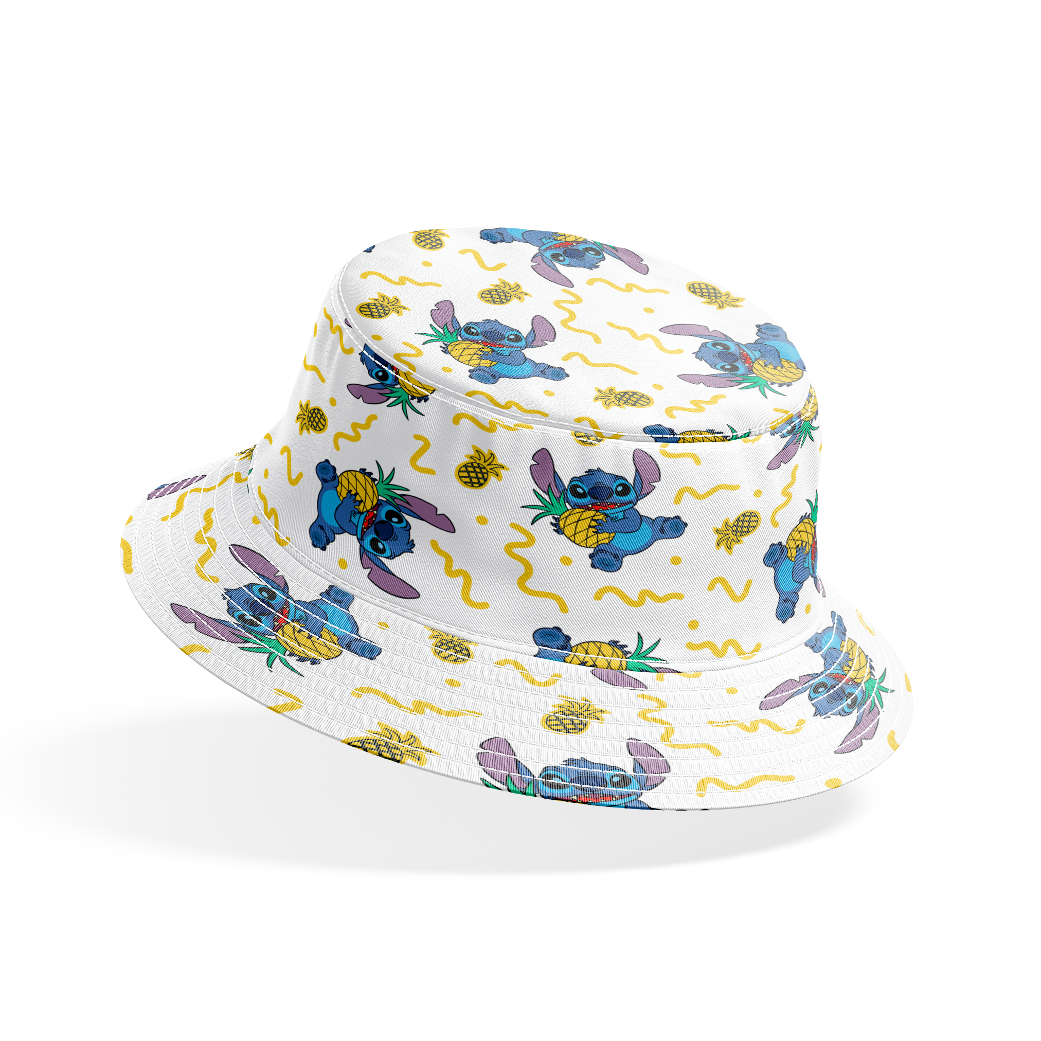 Disney's Stitch holding pineapples with yellow squiggly lines on white background pattern bucket hat mockup