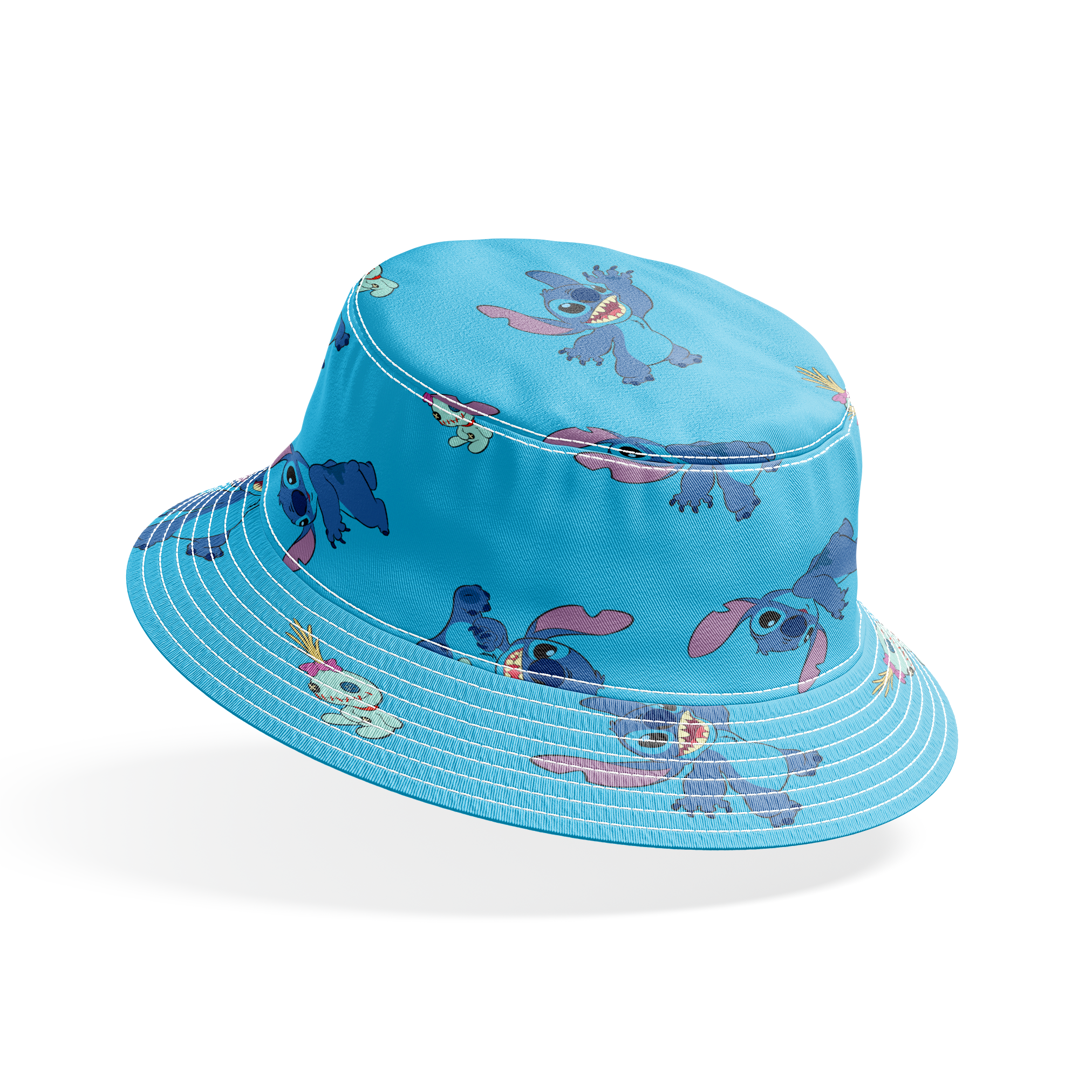 Disney’s Stitch and Scrump in various playful poses scattered across a light blue background with small tropical flowers. bucket hat mockup