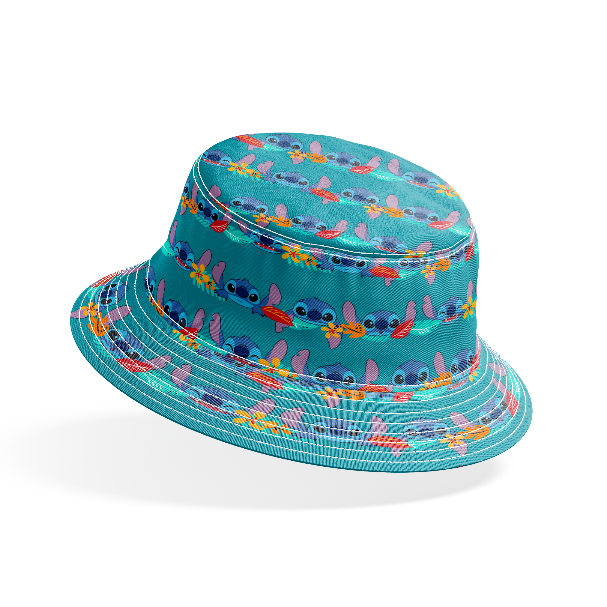 Repeating stripe design with Disney’s Stitch peeking between rows of tropical hibiscus flowers and colorful leaves on a teal background. bucket hat mockup