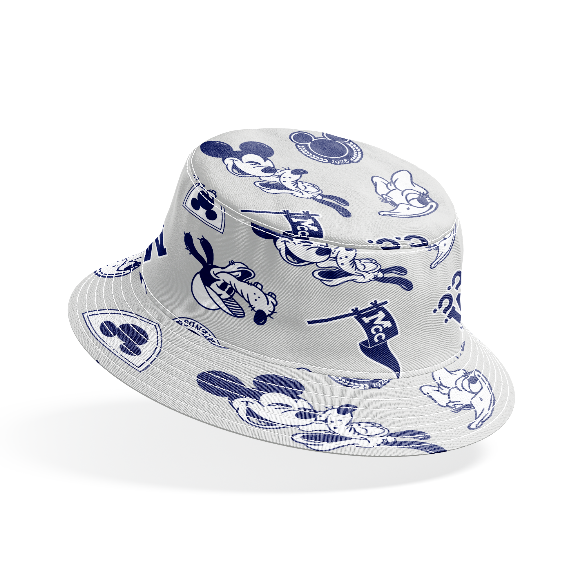 Disney character pattern with Mickey Mouse, Donald Duck and other classic cartoon figures in navy blue on light background. bucket hat mockup