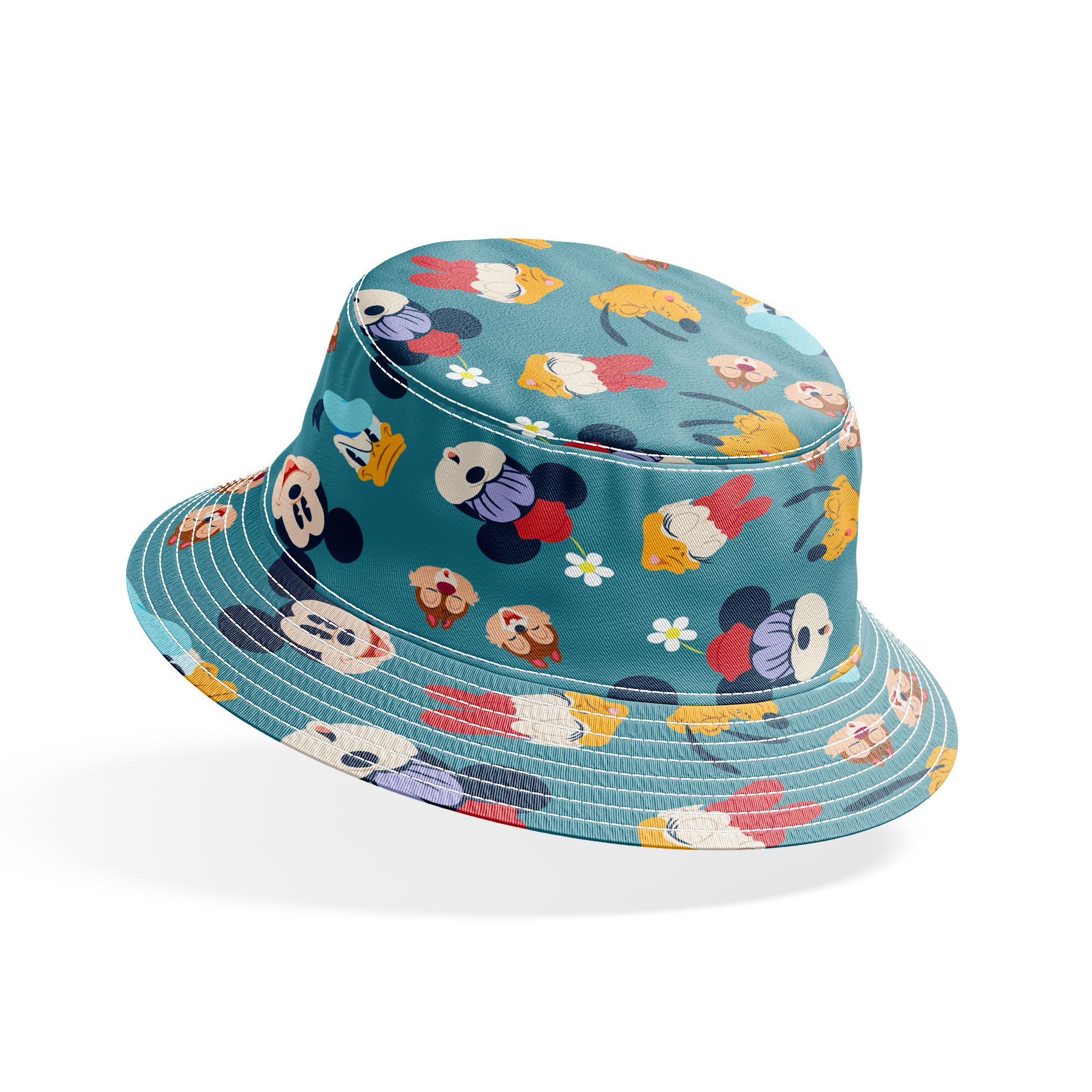Disney cartoon characters pattern with Mickey Mouse, Donald Duck, and Pluto on teal background with small flowers bucket hat mockup