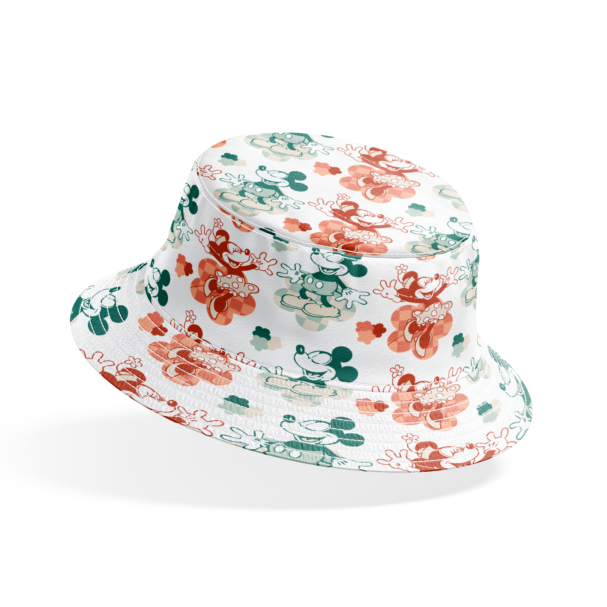 Repeating pattern of vintage-style cartoon characters in green and red-orange tones on white background bucket hat mockup