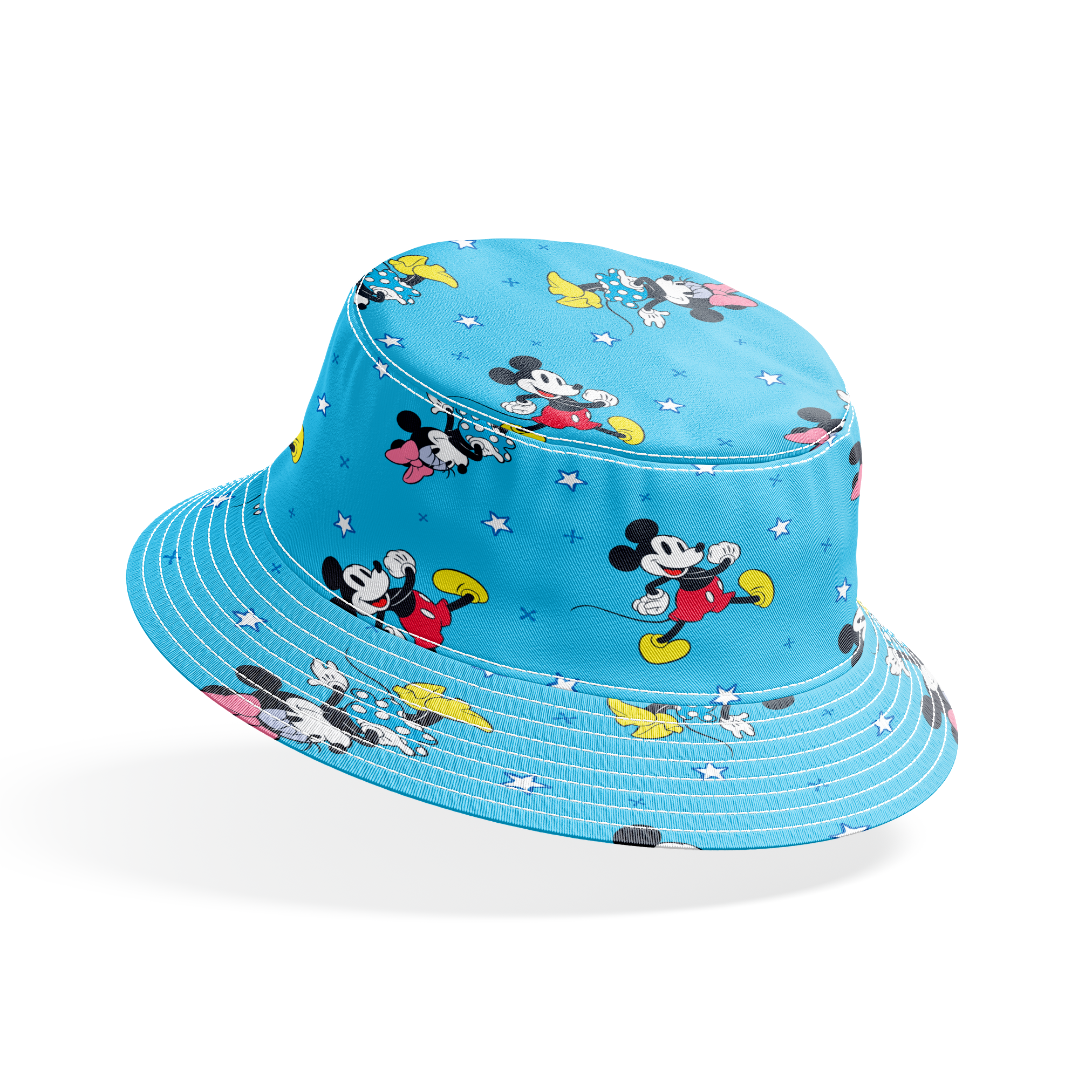 Disney Mickey Mouse and Minnie Mouse characters on light blue background with white stars, pattern design bucket hat mockup