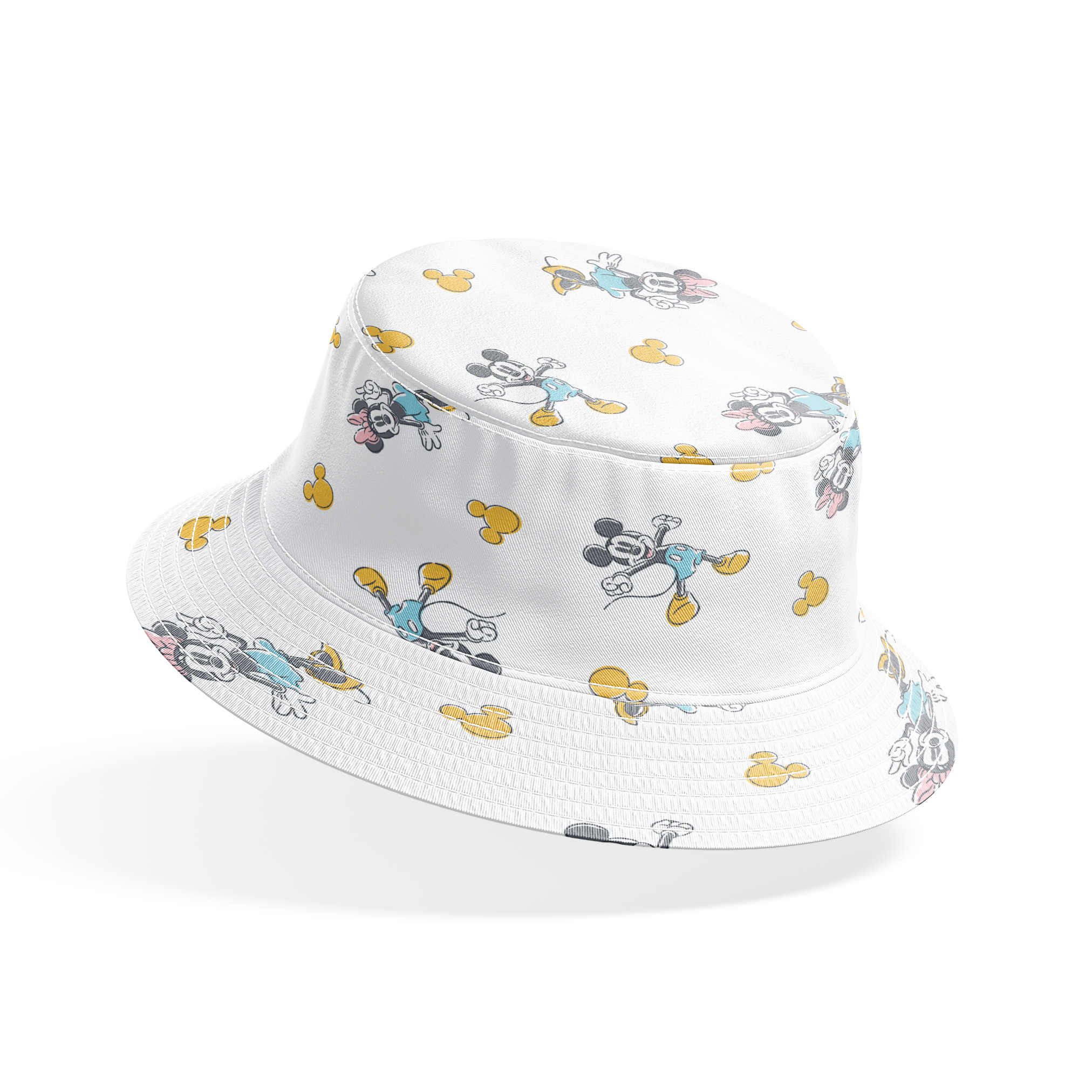 Mickey Mouse characters in light blue outfits scattered on white background with yellow Mickey silhouettes bucket hat mockup
