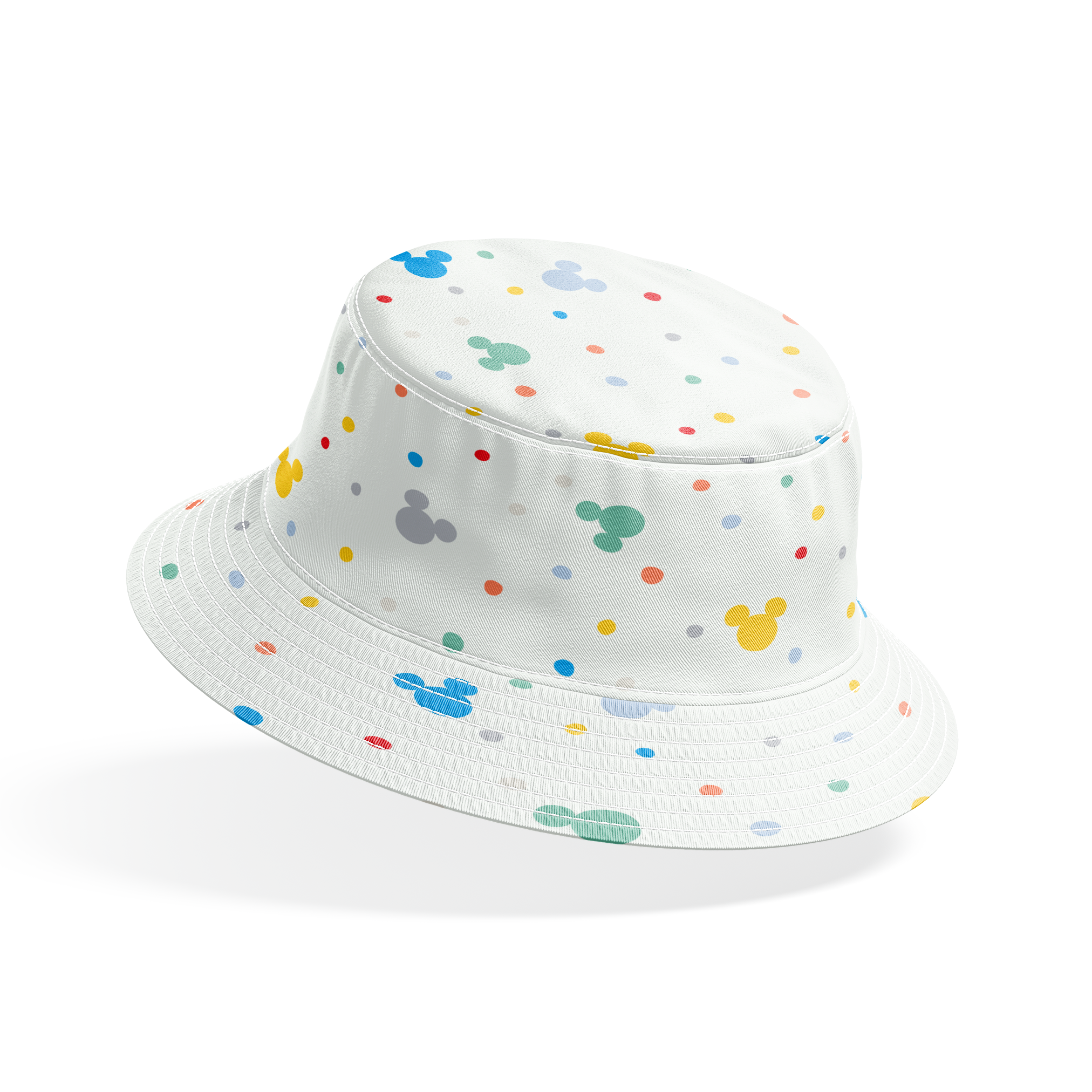 Colorful Disney Mickey Mouse silhouette pattern with pastel dots on white background bucket hat mockup