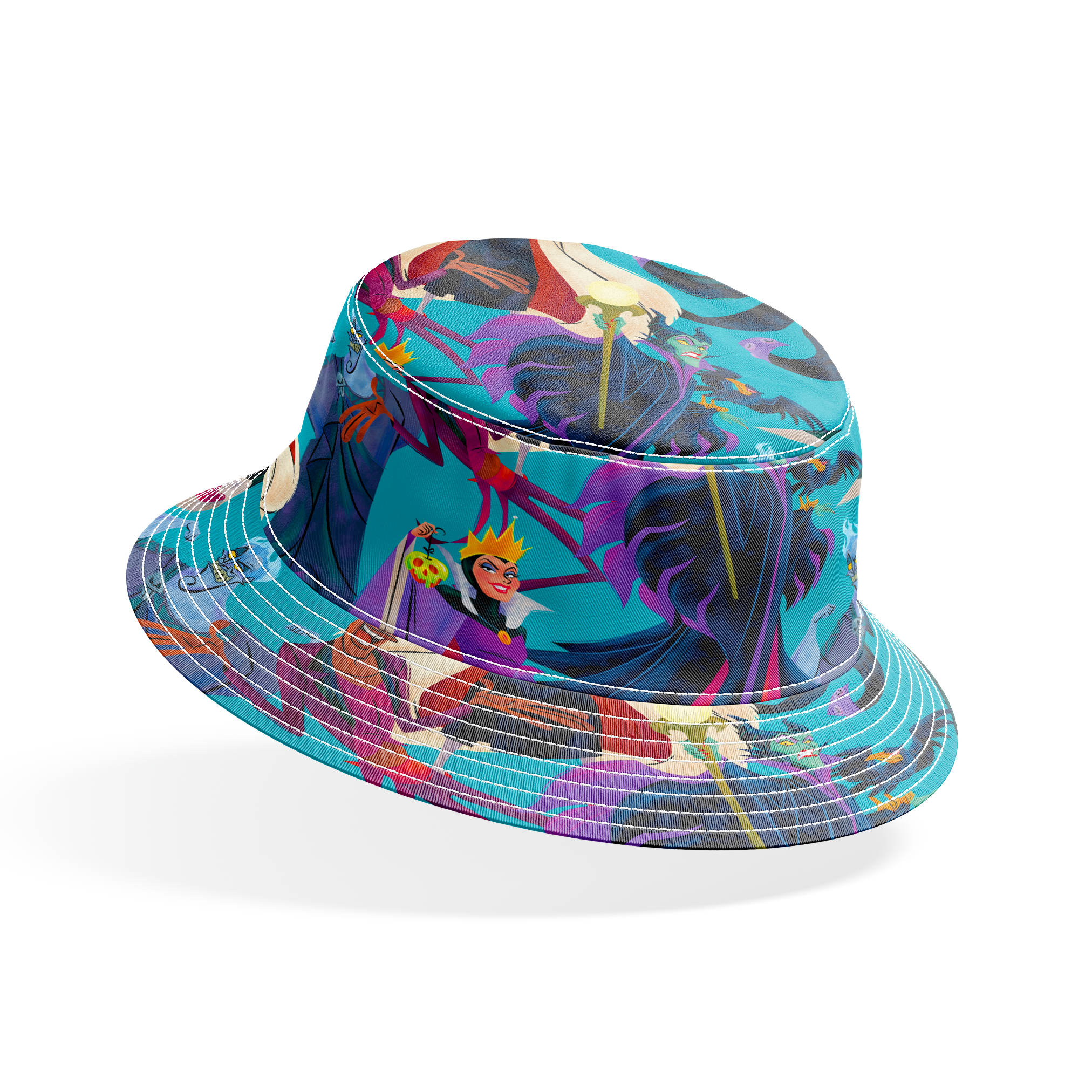 Disney Villains like Ursula, Maleficent, and Hades on a turquoise background in a colorful character pattern. bucket hat mockup
