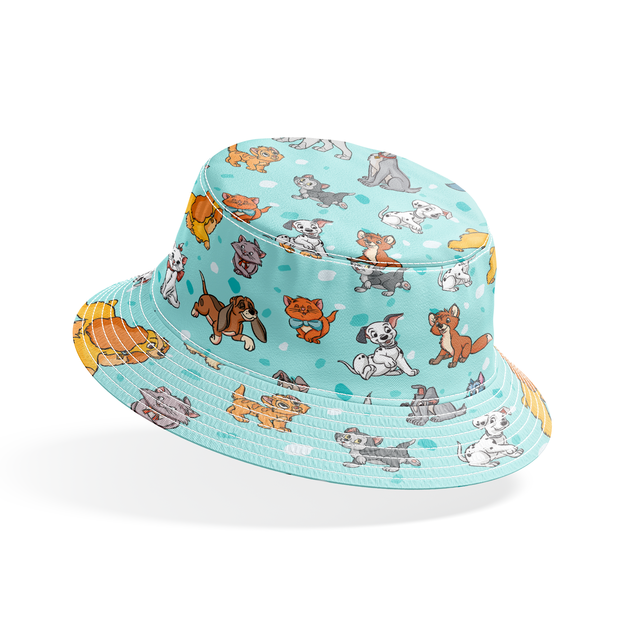 Cartoon-style Disney dogs and cats on a light blue background with scattered spots. bucket hat mockup