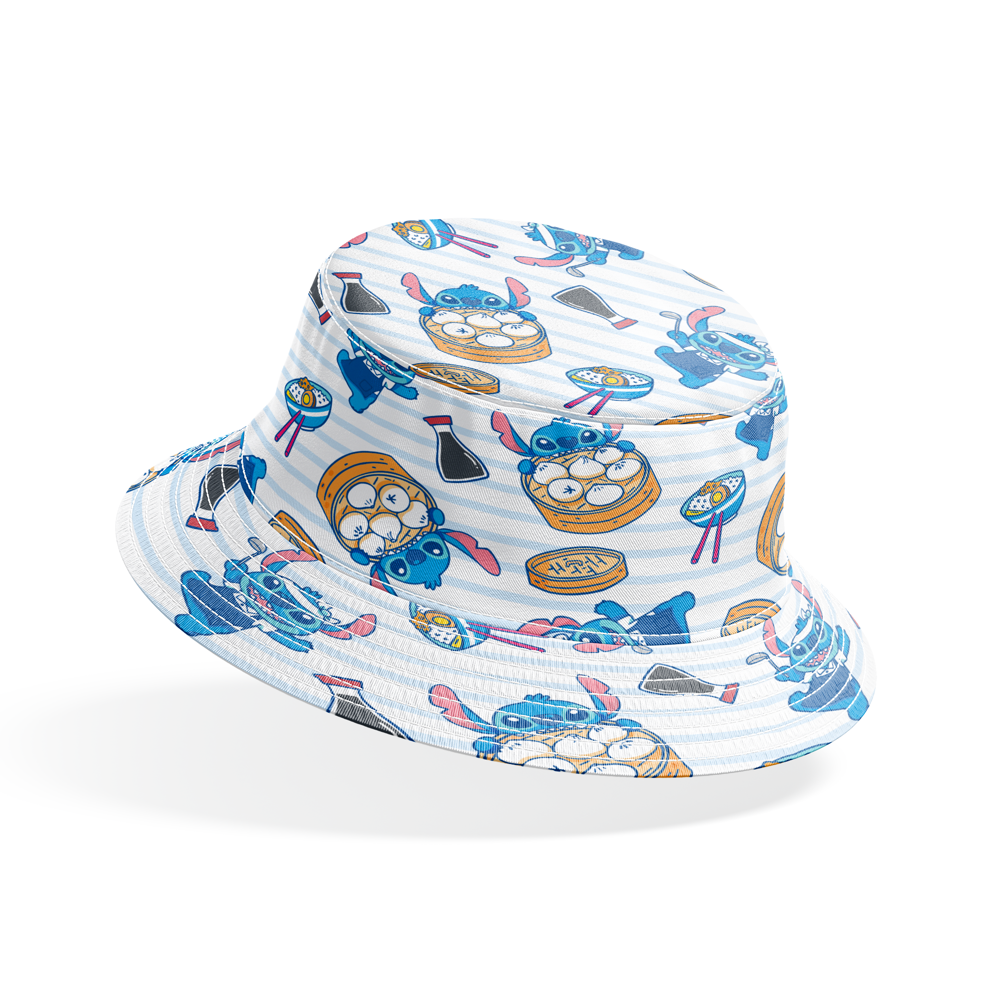 Cartoon Stitch with Chinese dim sum and dumplings on light blue striped background bucket hat mockup