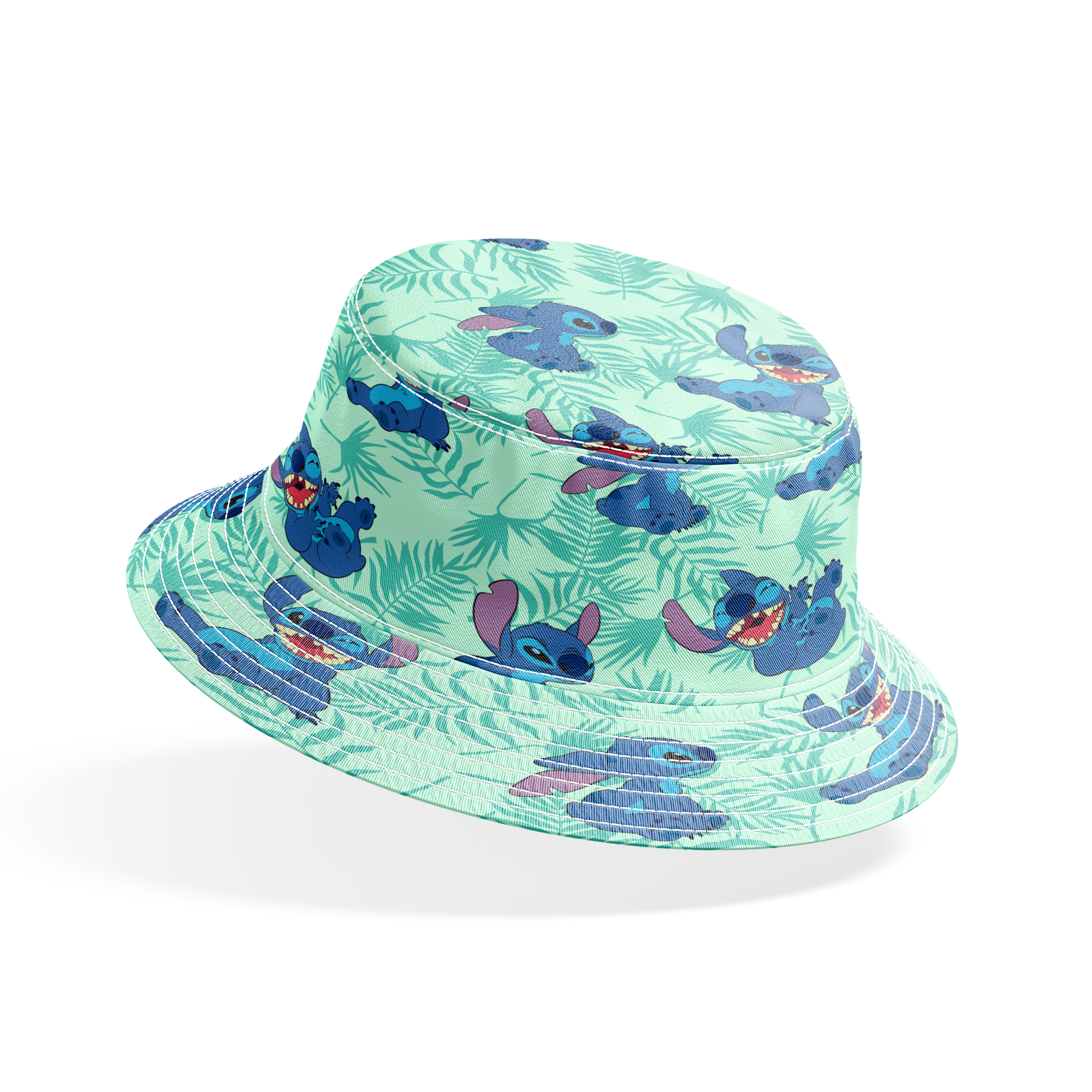 Blue cartoon alien character Stitch in various playful poses against mint green tropical leaf pattern background bucket hat mockup