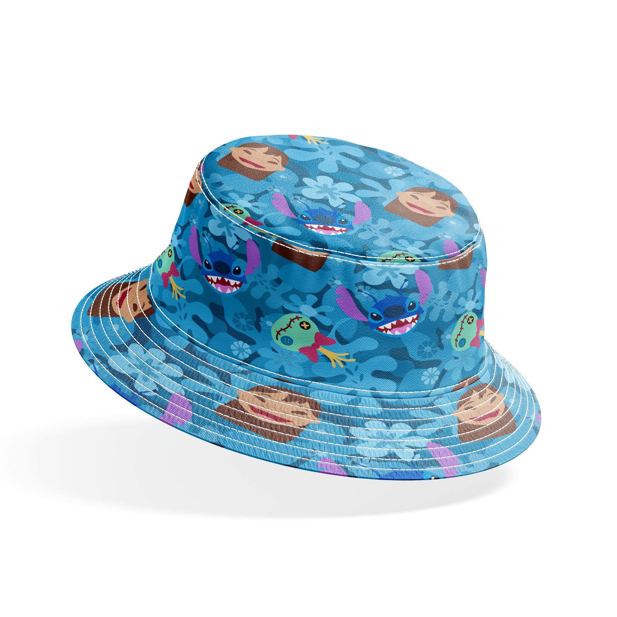 Disney's Stitch among floral elements and smiling faces on turquoise background bucket hat mockup