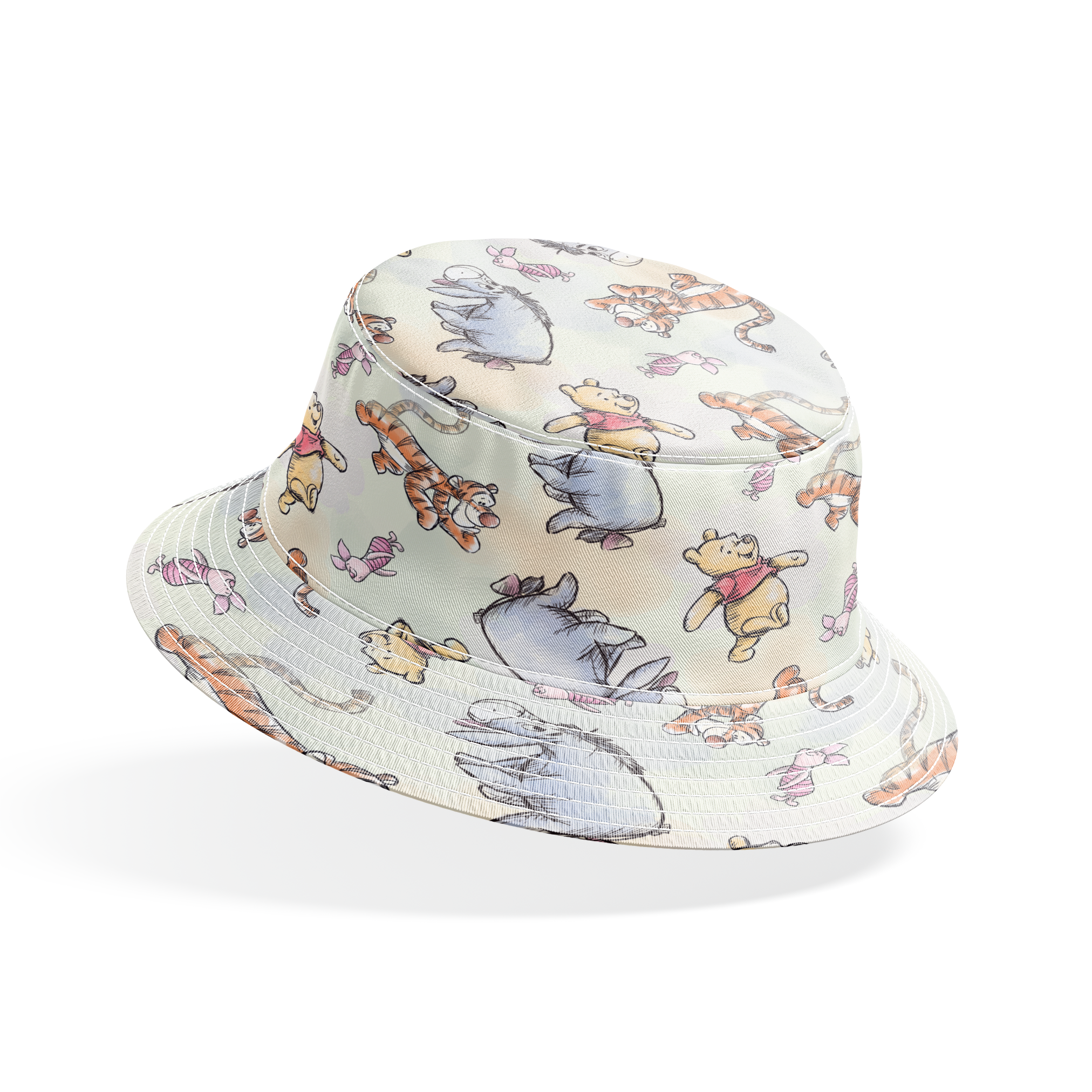 Whimsical pattern featuring cartoon bears in red shirts with bouncing tigers and small pink chara... bucket hat mockup