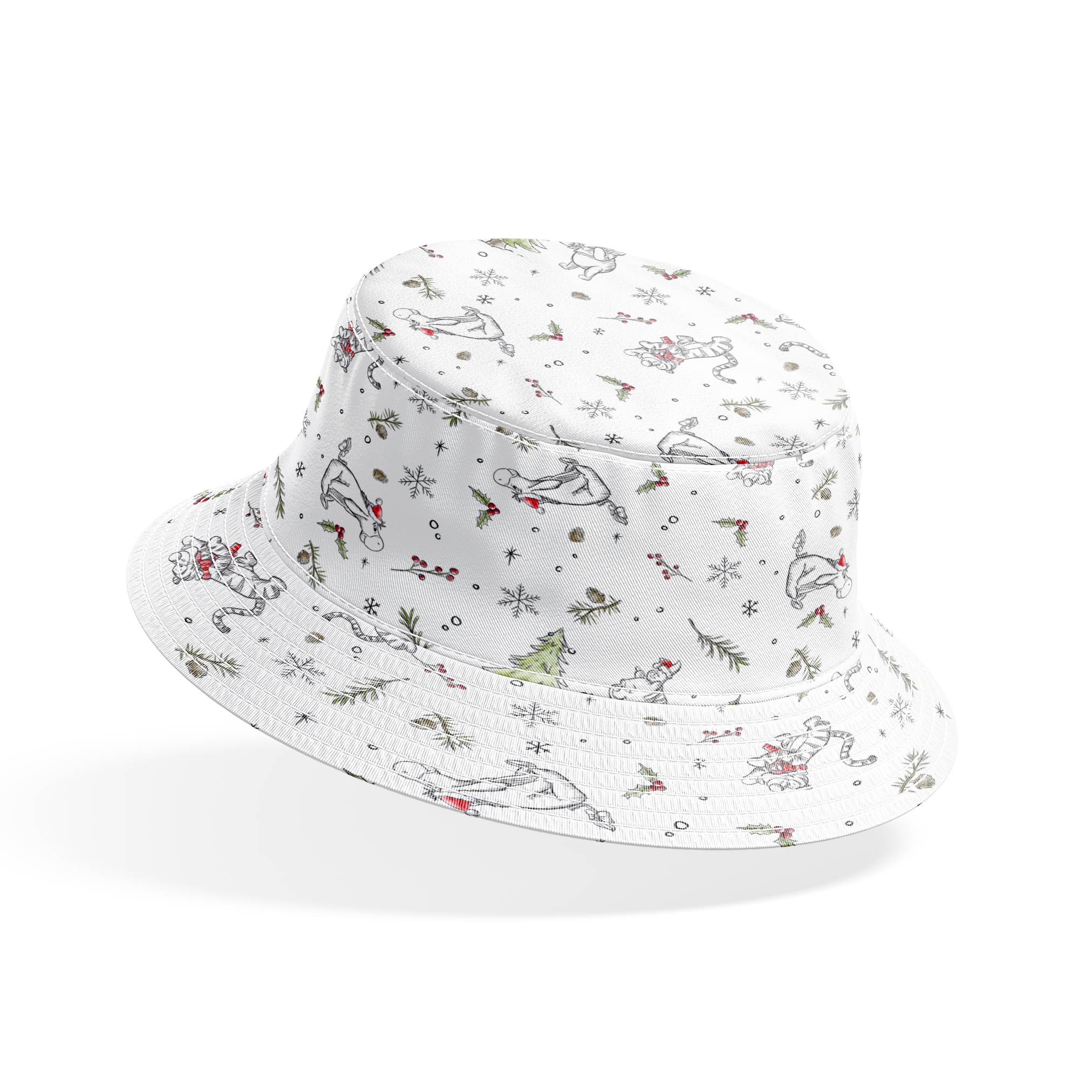 Delicate white winter pattern with cartoon mice, pine trees, holly berries, and snowflakes bucket hat mockup