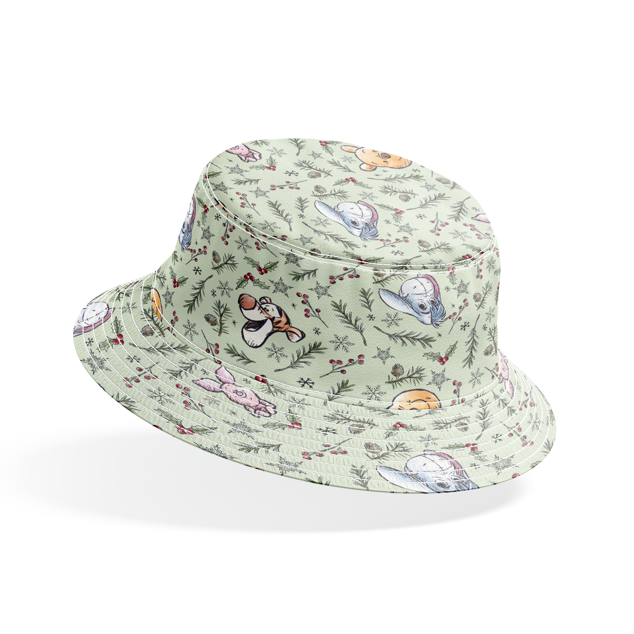 Whimsical holiday pattern with cartoon animals, pine branches, berries, and snowflakes on mint green bucket hat mockup