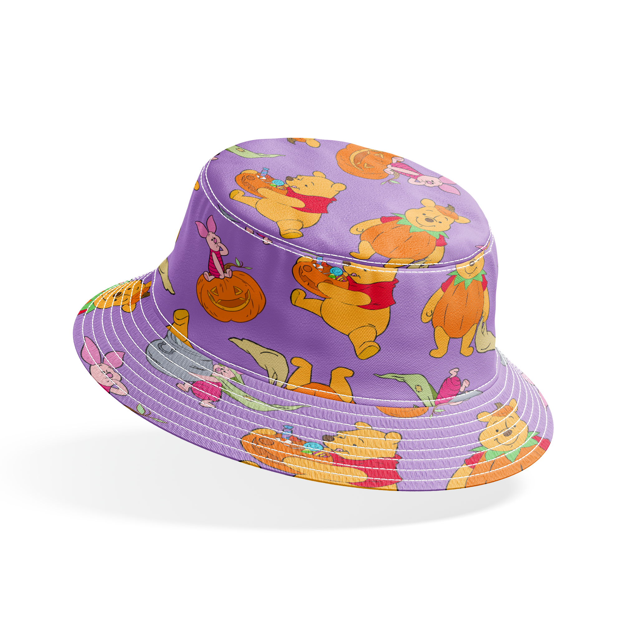 Whimsical Winnie the Pooh pattern with Piglet and Eeyore on purple background with pumpkins bucket hat mockup
