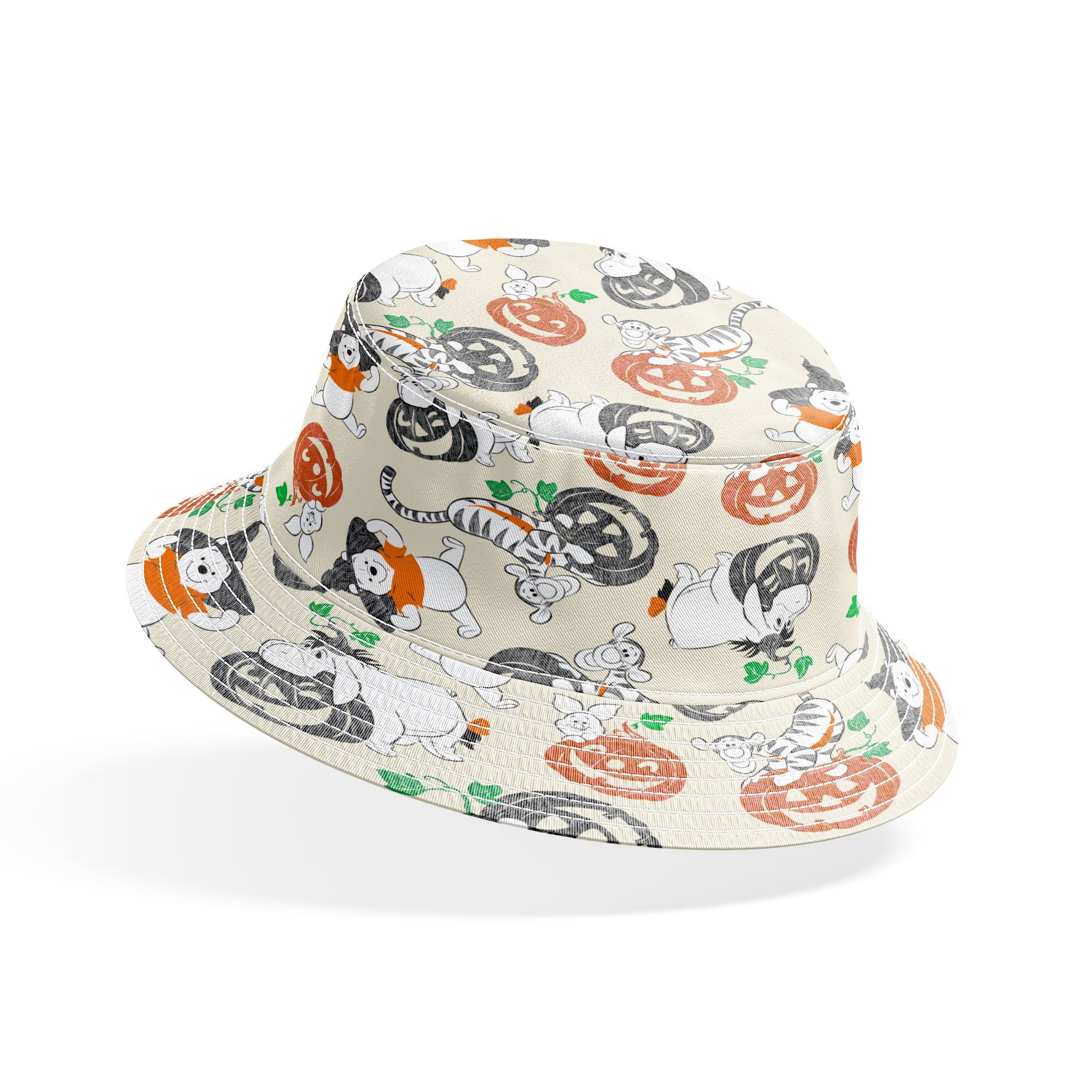 Whimsical Halloween pattern with cartoon ghosts, pumpkins, cats, and bears on cream background bucket hat mockup