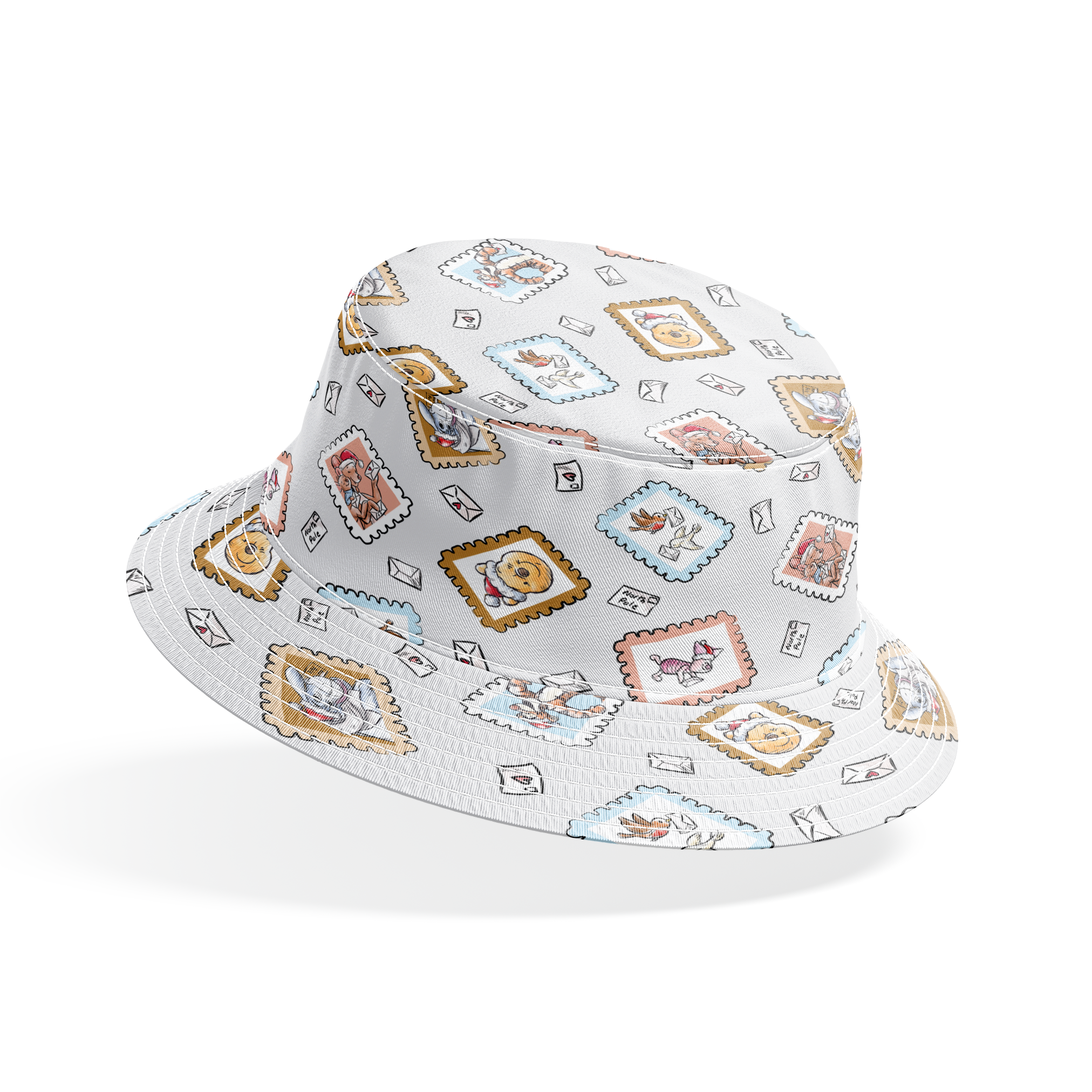 Vintage-style postage stamps with fairy tale illustrations on a light gray background with envelo... bucket hat mockup