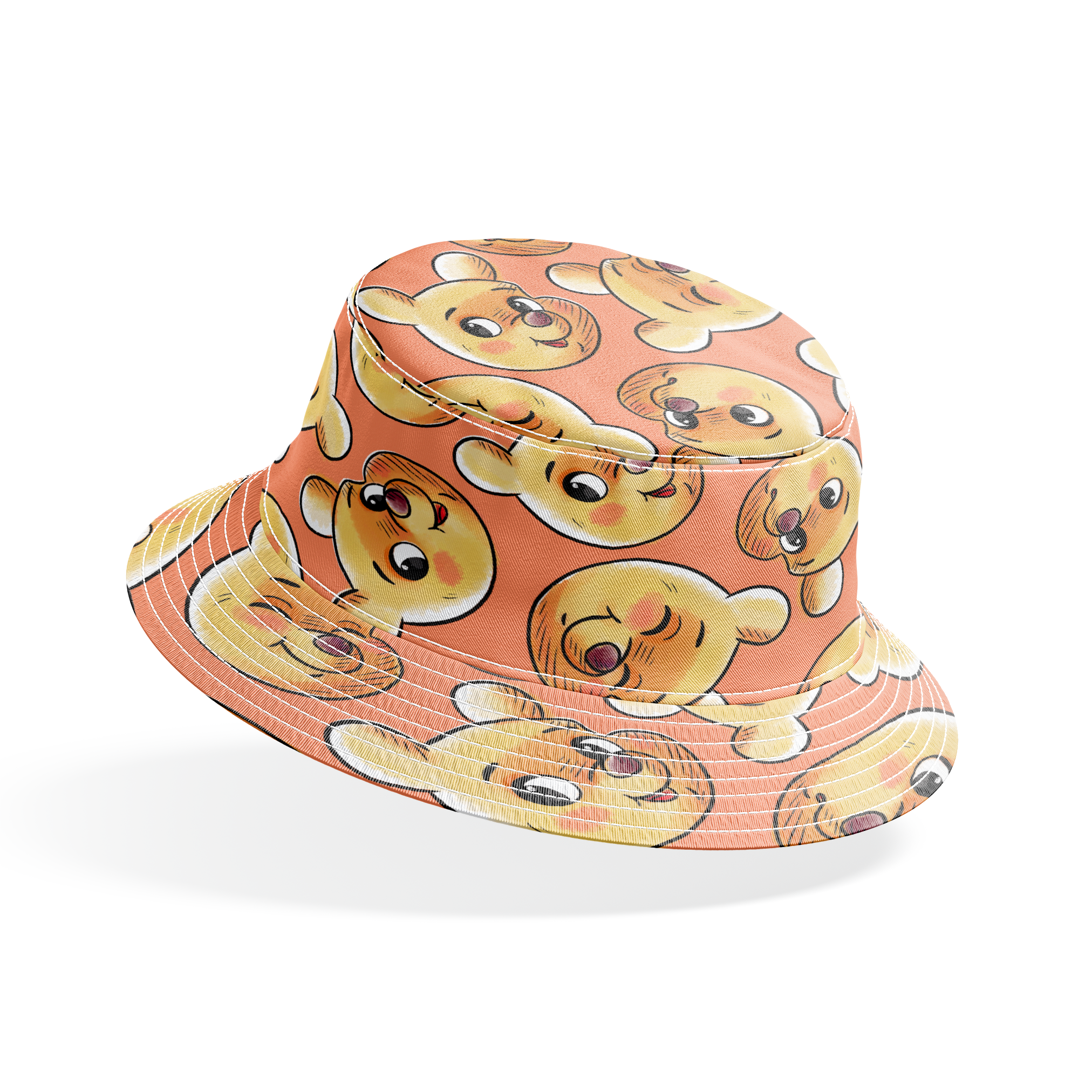 Cartoon teddy bear faces with cute expressions on peach background in repeating pattern bucket hat mockup