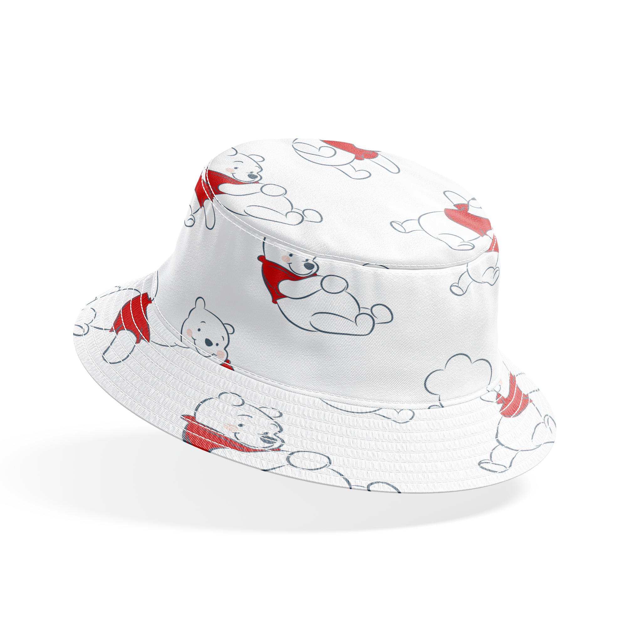 Illustration pattern of Winnie the Pooh in different poses wearing a red shirt on white background bucket hat mockup
