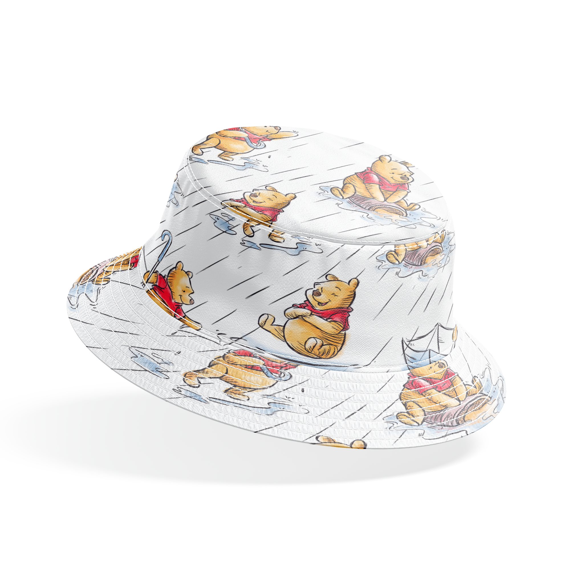 Small bear characters in a rainy scene - some holding umbrellas, others in paper boats, wearing red shirts bucket hat mockup