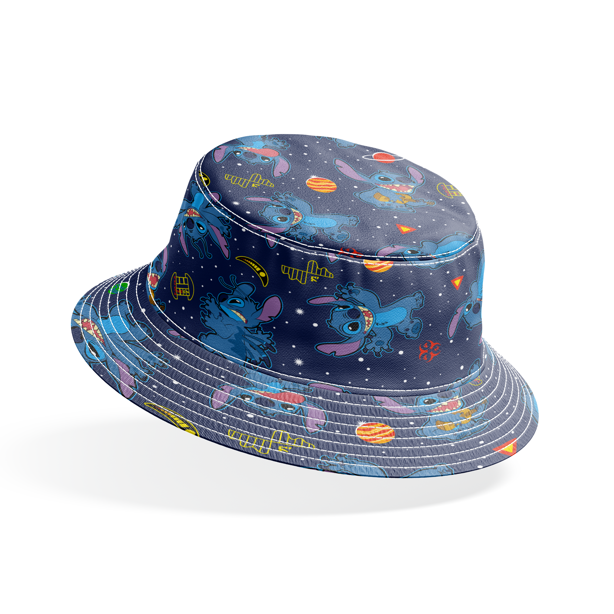Disney's Stitch floating in space with planets, stars, and spaceships on dark background pattern bucket hat mockup