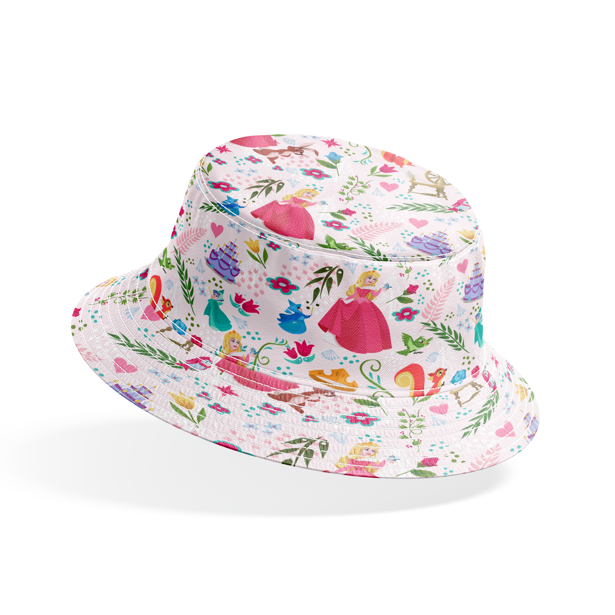 Colorful Sleeping Beauty pattern with Aurora, animals, flowers, spinning wheel, and cake on light background bucket hat mockup