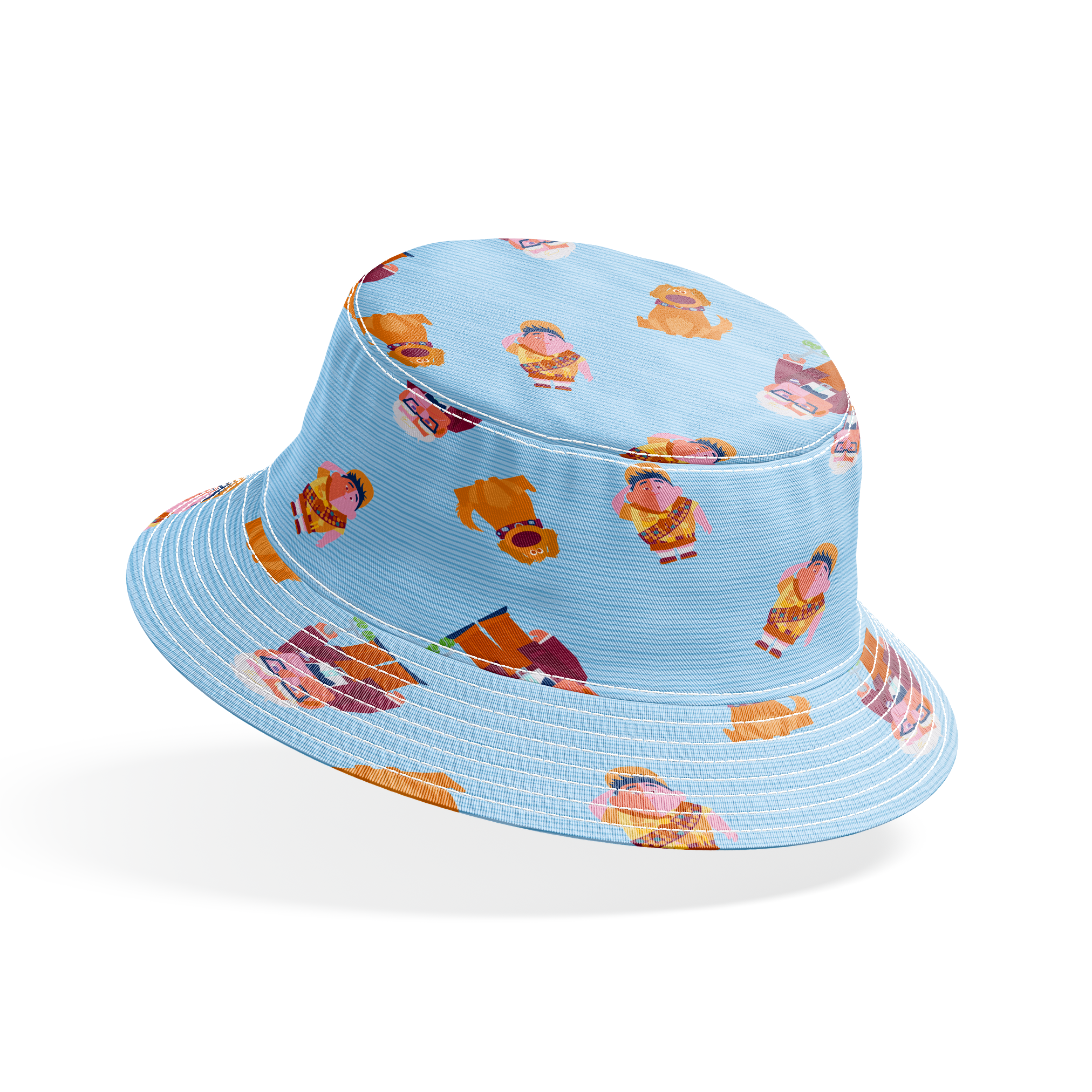 Cartoon characters from Up movie pattern on light blue striped background, featuring colorful illustrations bucket hat mockup